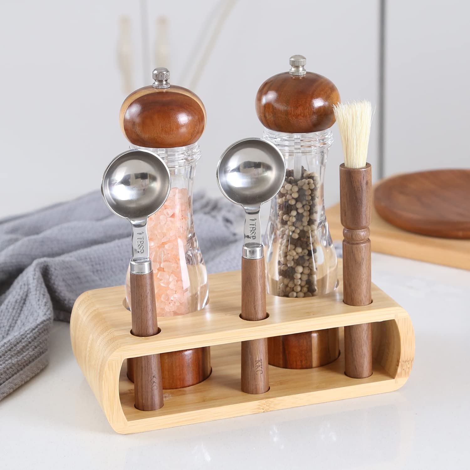 KKC HOME ACCENTS Wooden Salt and Pepper Grinder set with Spoons and Brush,Salt and Pepper Mill set,8 inch,Refillable Adjustable Coarseness Fine to Coarse - Image 3
