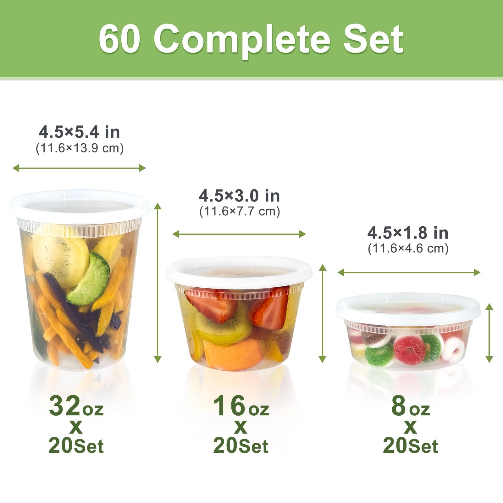 Dipoo 60 Sets (120-Piece) Deli Containers with Lids, 32/16/8 oz X 20 Set Each, Leak-Proof & BPA Free Airtight Takeout Plastic Food Storage Containers for Soup, Freezer/Microwave/Dishwasher Safe - Image 7