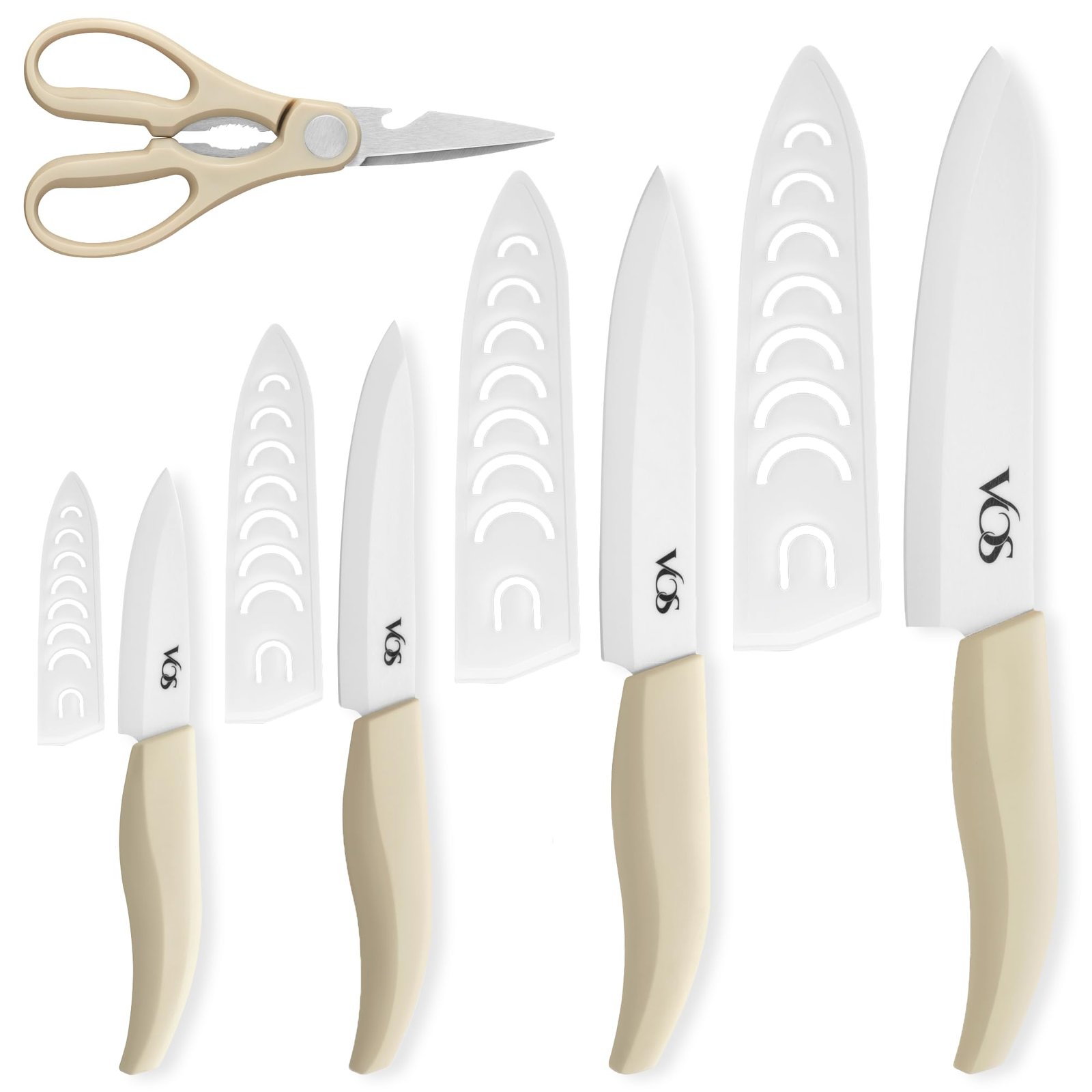 Vos Ceramic Knife Set – 4 Knives (3", 4", 5", 6") with Covers, Kitchen Scissors included | White Knives Set for Kitchen | Non-Stick Blades, Ergonomic Handles, For Cooking, Chopping & Peeling (Beige)