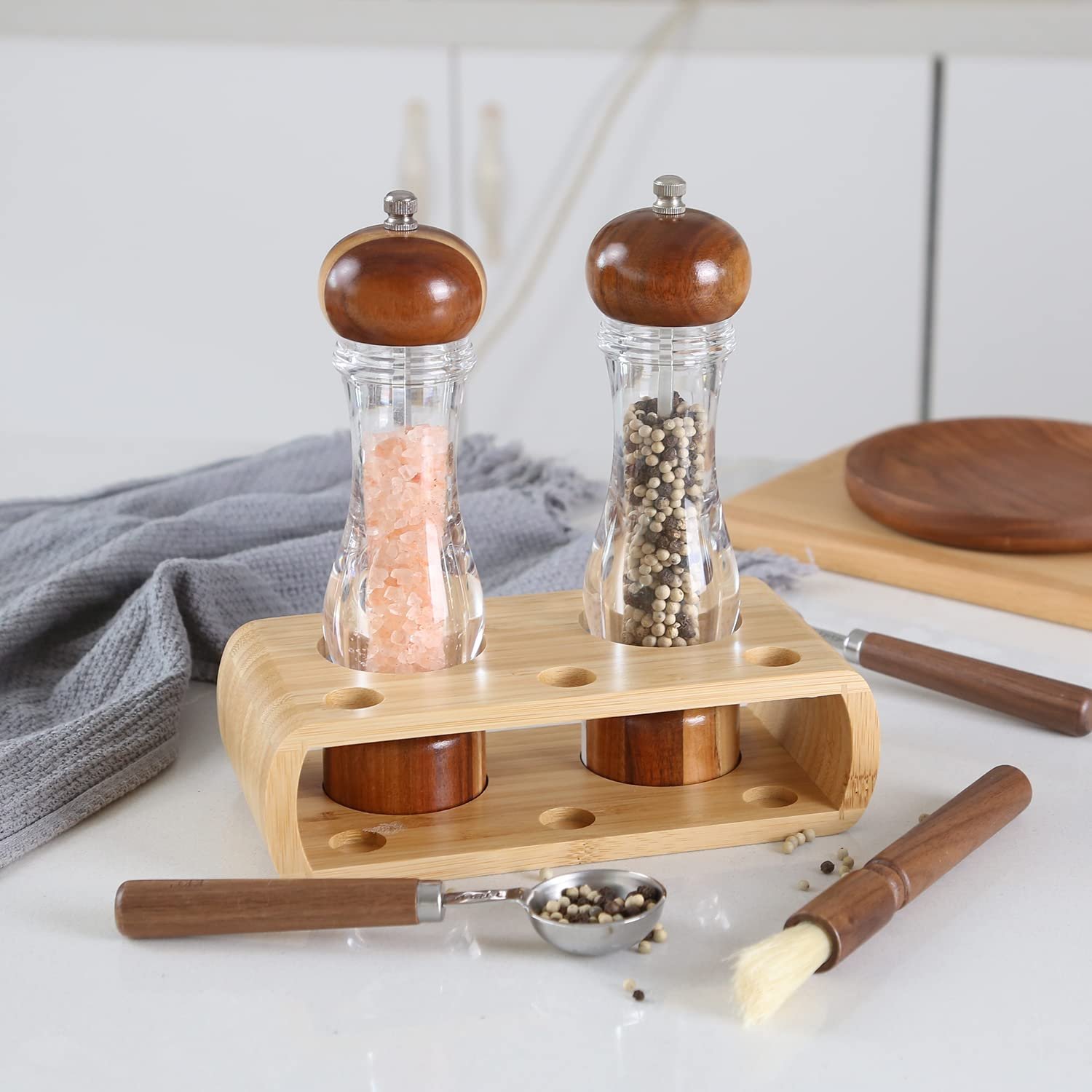 KKC HOME ACCENTS Wooden Salt and Pepper Grinder set with Spoons and Brush,Salt and Pepper Mill set,8 inch,Refillable Adjustable Coarseness Fine to Coarse - Image 2