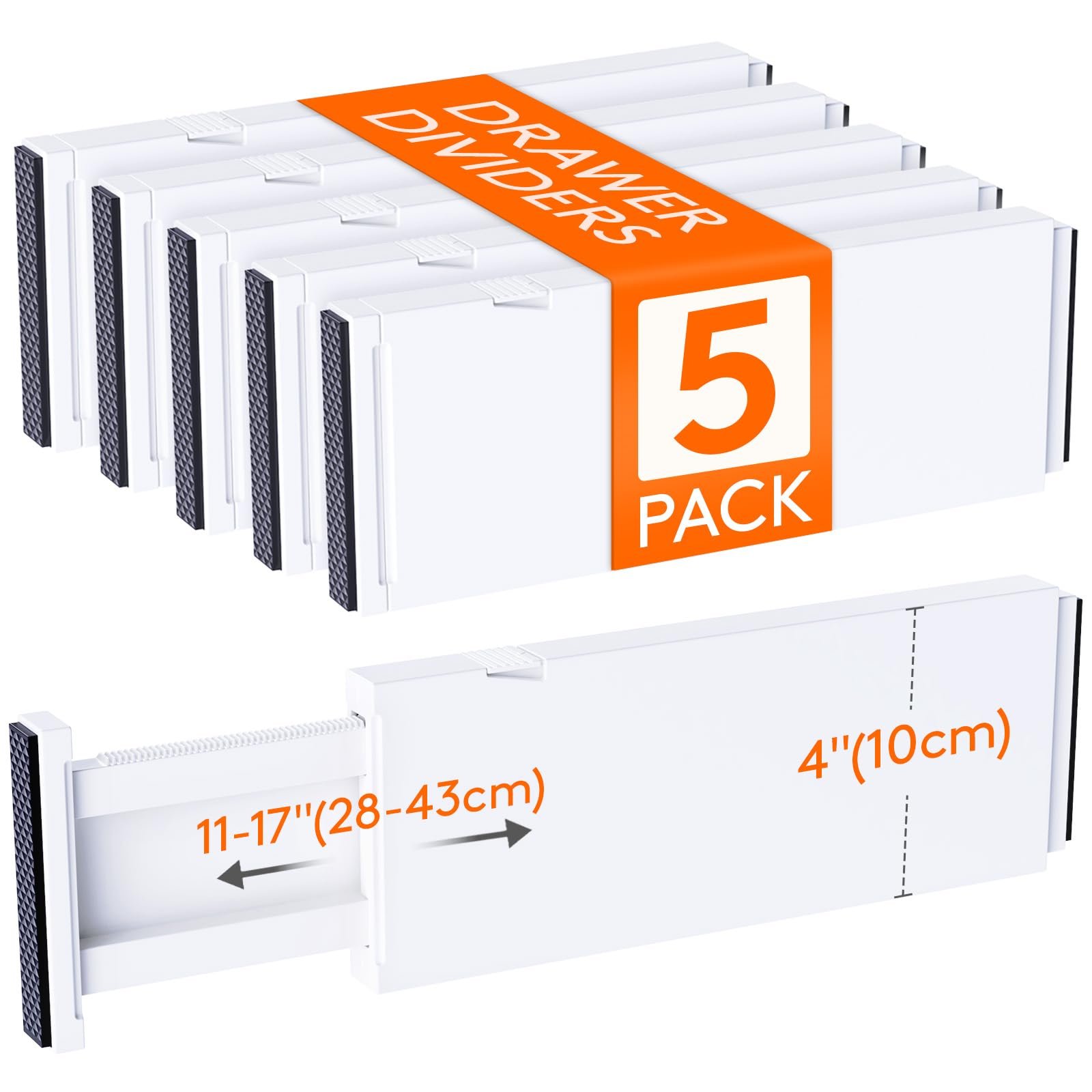 Lifewit 5 Pack Drawer Dividers 4" High, 11-17" Adjustable Dresser Drawer Organizers for Clothes, Expandable Dresser Separators in Bedroom/Bathroom/Kitchen/Vanity/Office Organization and Storage, White
