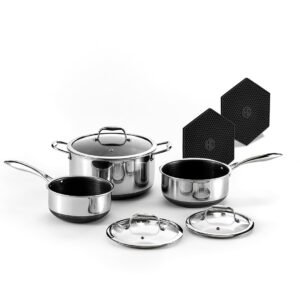 HexClad Hybrid Nonstick 6-Piece Pot Set with 2 Silicone Trivets, 2, 3, and 8-Quart Pots with Tempered Glass Lids, Stay-Cool Handles, Dishwasher-Friendly, Induction Ready, Compatible with All Cooktops