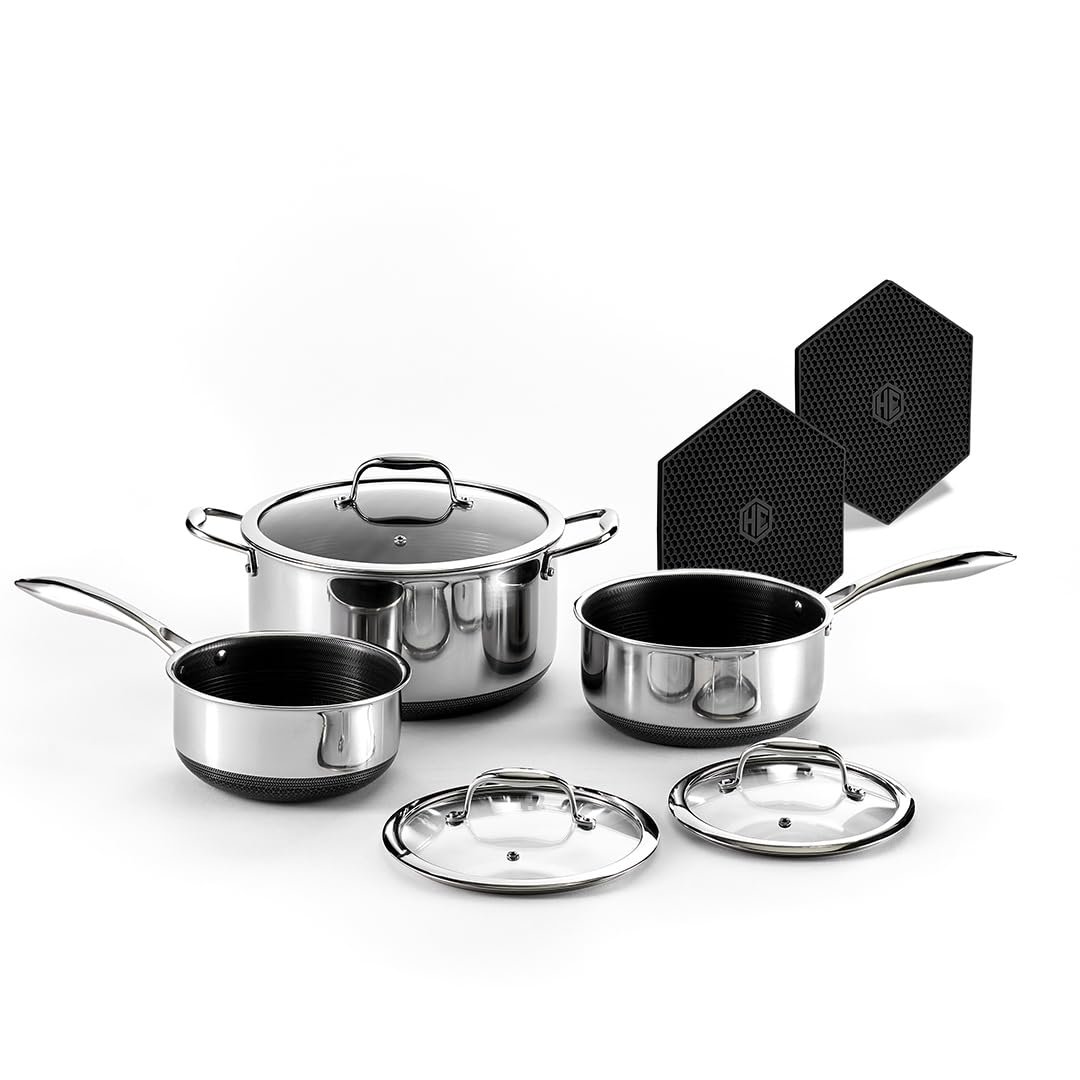 HexClad Hybrid Nonstick 6-Piece Pot Set with 2 Silicone Trivets, 2, 3, and 8-Quart Pots with Tempered Glass Lids, Stay-Cool Handles, Dishwasher-Friendly, Induction Ready, Compatible with All Cooktops