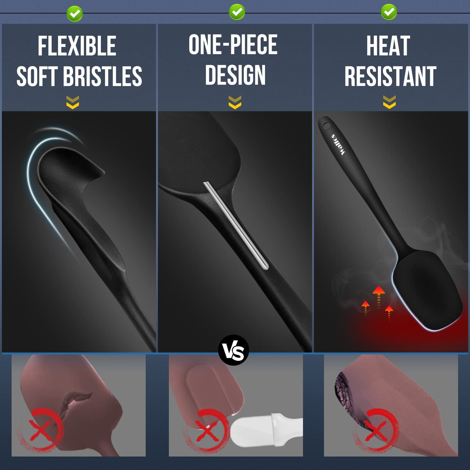 Walfos Silicone Spatula Set of 5 - (600°F) High Heat Resistant Kitchen Scraper Spatulas, One-Pieces Seamless Design, Perfect for Cooking Mixing & Baking - BPA Free and Dishwasher Safe,black - Image 3