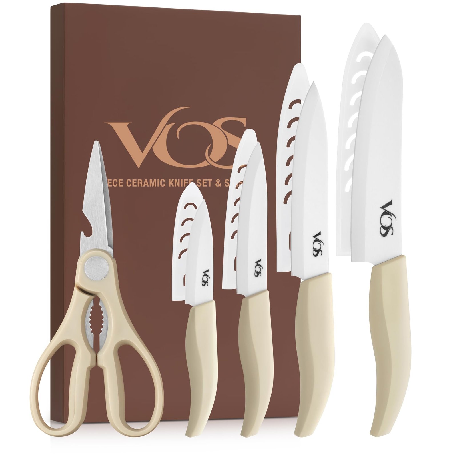 Vos Ceramic Knife Set – 4 Knives (3", 4", 5", 6") with Covers, Kitchen Scissors included | White Knives Set for Kitchen | Non-Stick Blades, Ergonomic Handles, For Cooking, Chopping & Peeling (Beige) - Image 2
