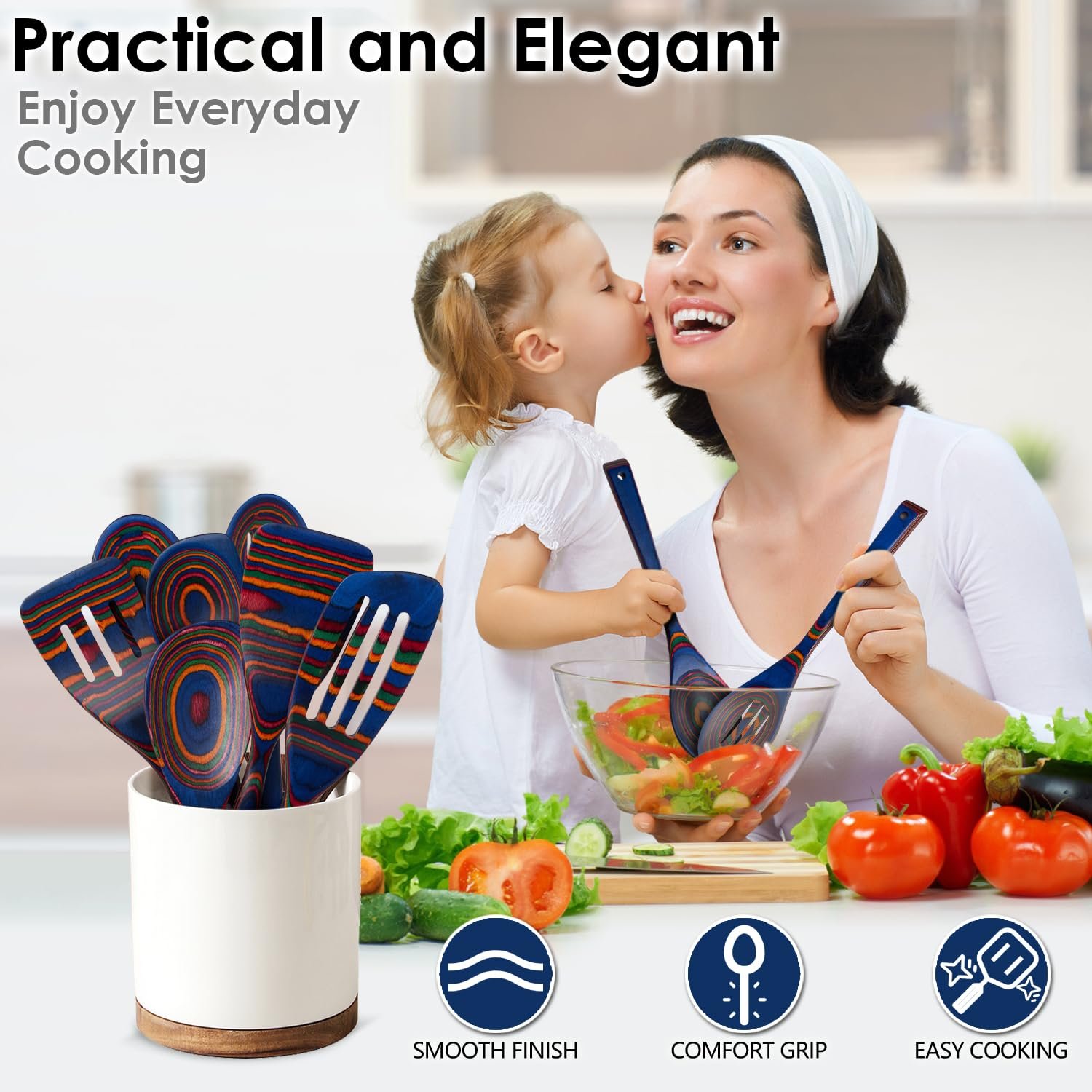 Wooden Spoons for Cooking, 7 Pcs Pakkawood Wooden Kitchen Cooking Spoon Utensil Tools Set Includes Spatula Corner Spoon Rice Paddle Friendly to Non-Stick Cookware by HOWHONG (Spectrum) - Image 4