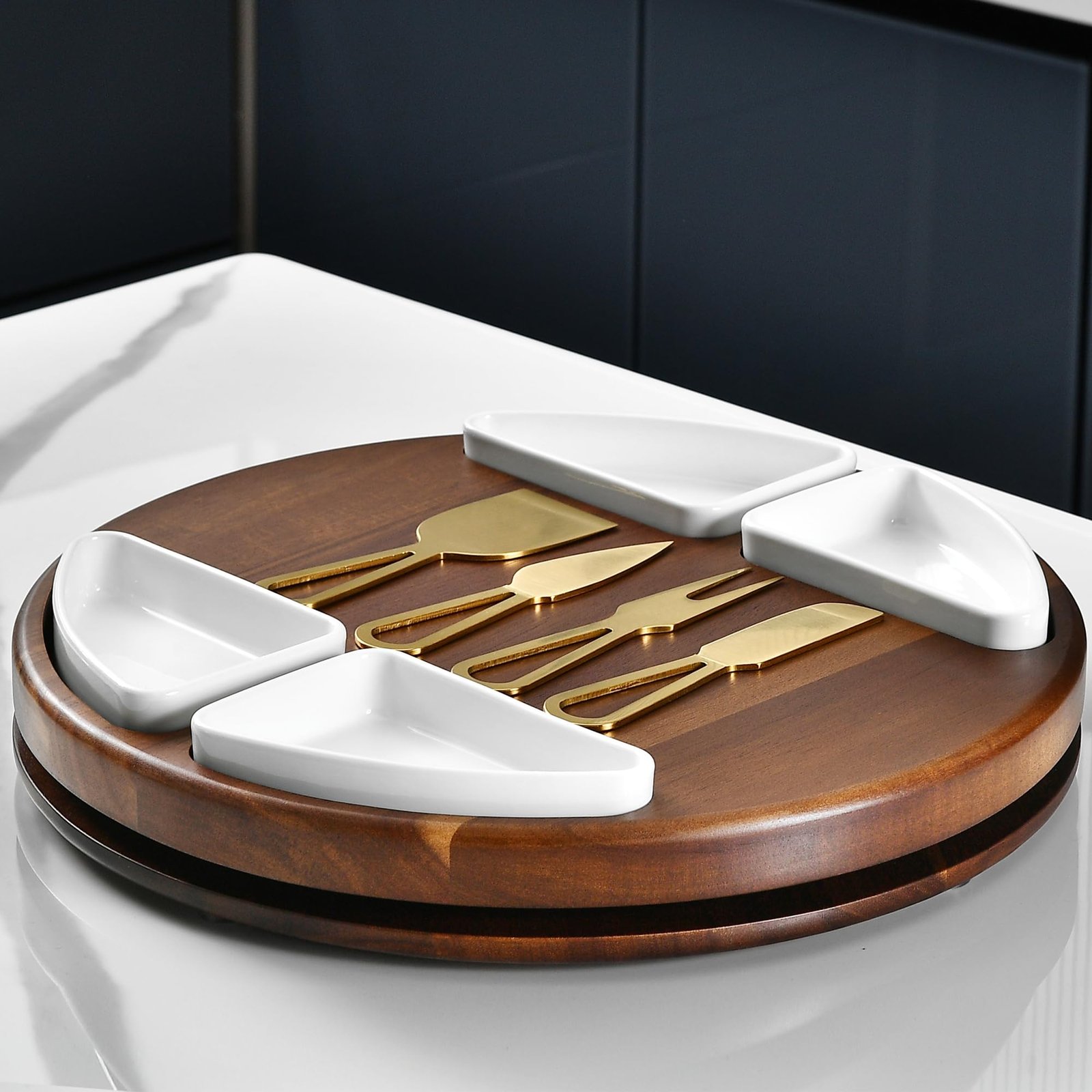 Shanik Upgraded Lazy Susan Cheese Cutting Board Set - Round Acacia Charcuterie Board With 4 Ceramic Bowls - Wedding Gifts - Cheese Serving Platter - Bridal Shower - Image 6