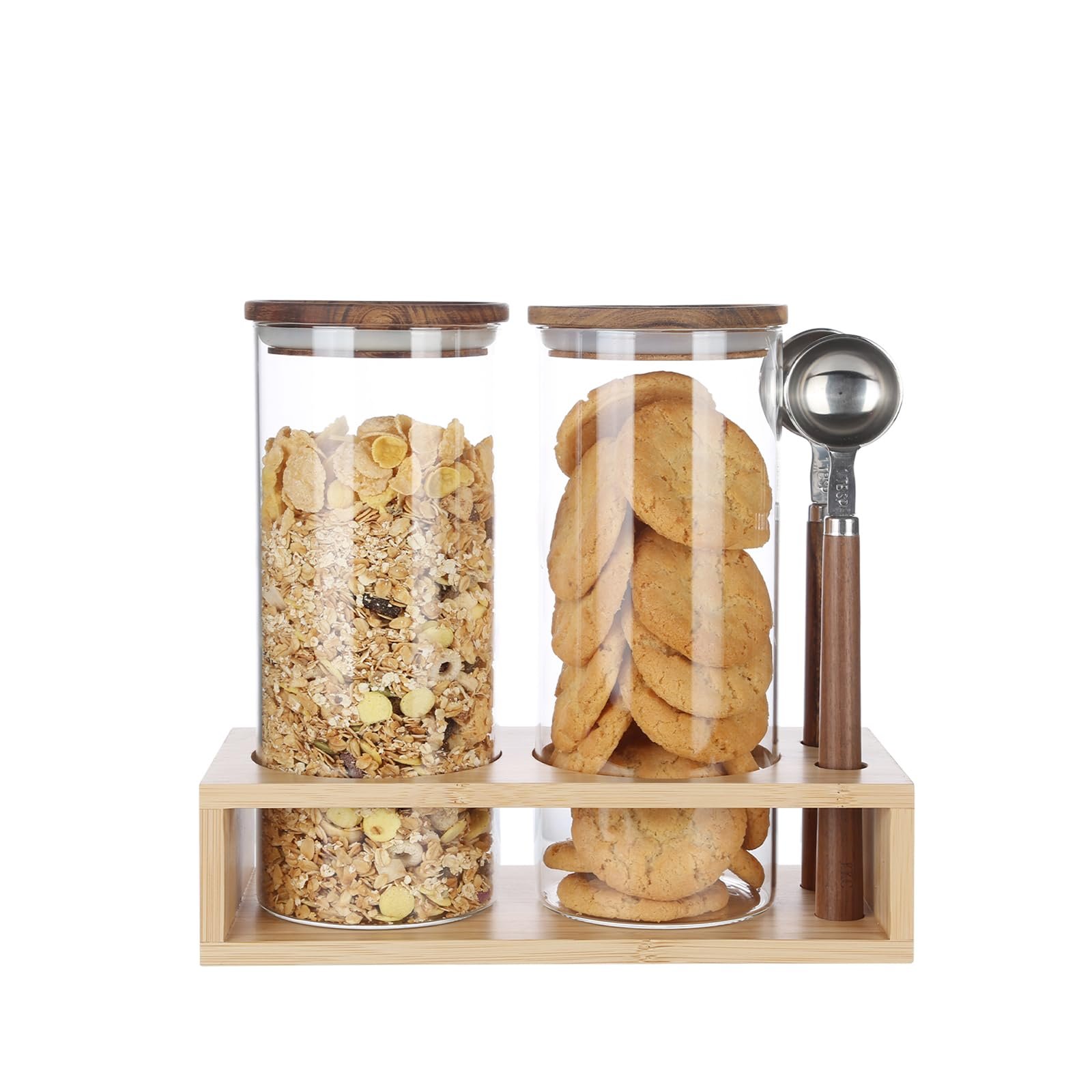 KKC HOME ACCENTS Clear Glass Food Storage Canisters with Airtight Wooden Lids and Scoops,Air Tight Sealed Glass Canisters with Spoons for Ground Coffee and Beans,Loose Tea,Flour,Sugar,47 Fl oz