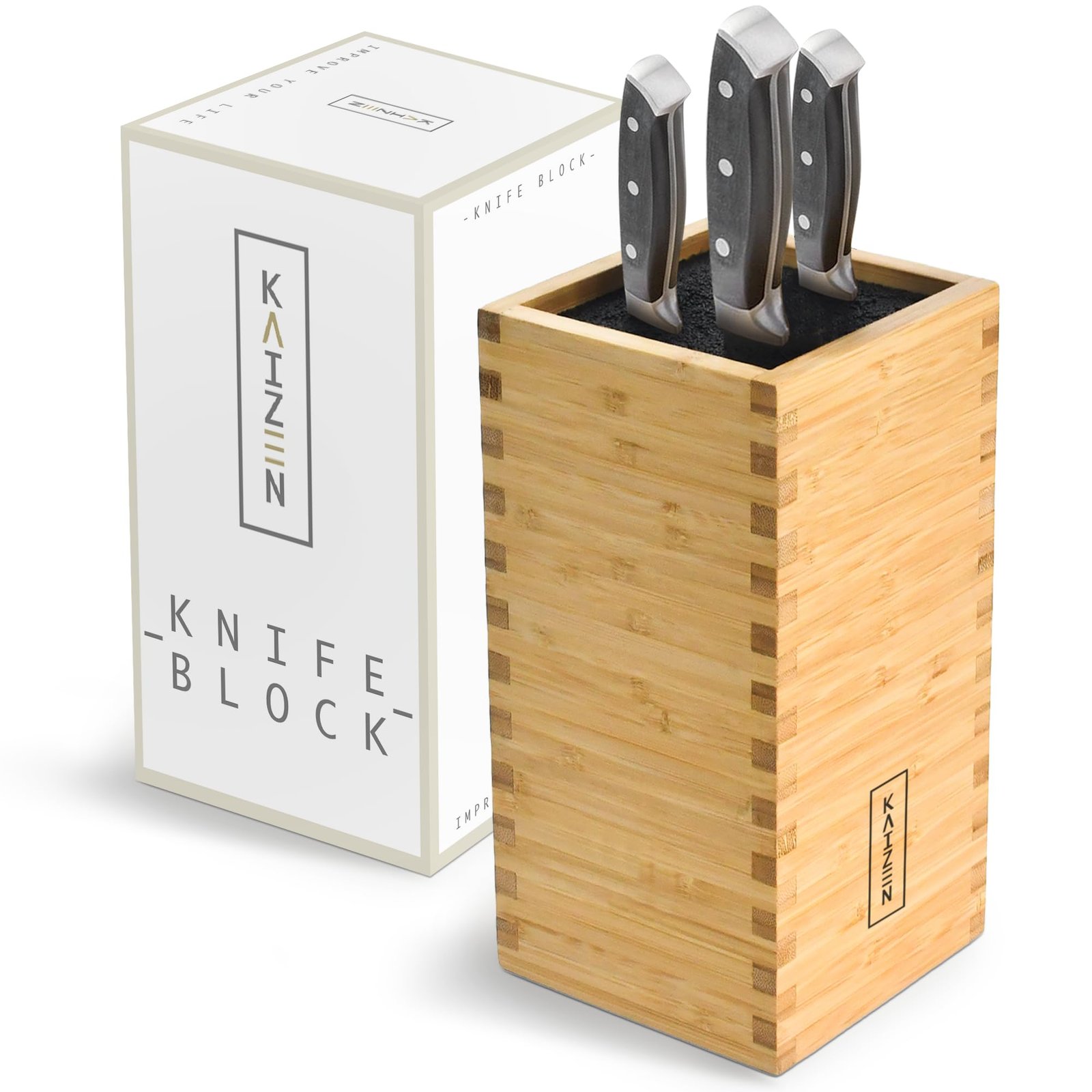 KAIZEN Bamboo Knife Block Without Knives - Perfectly Sized Universal Knife Holder for Knives, Scissors - Unique Knife Storage for Counter Top with Anti-Slip Base