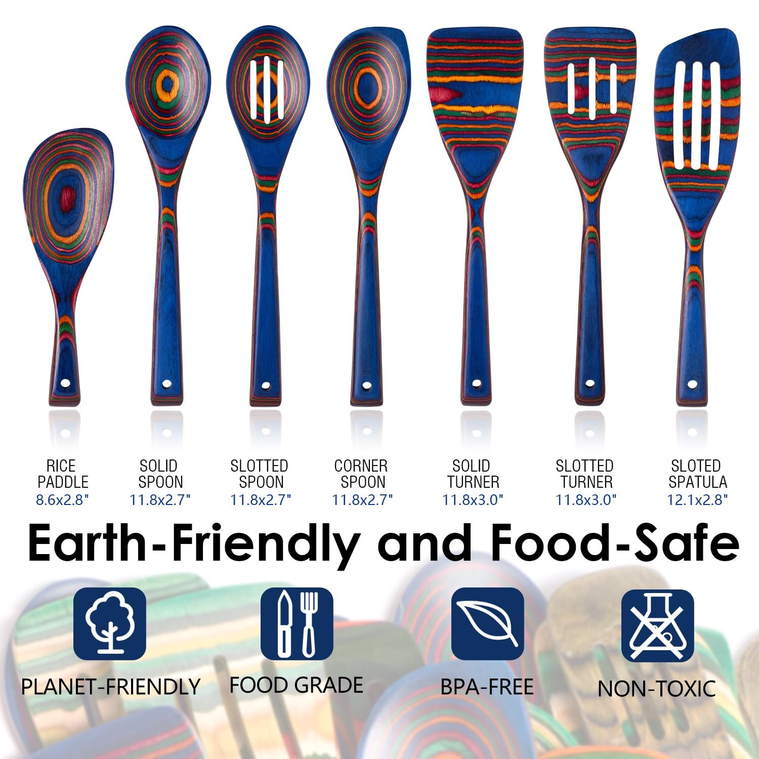 Wooden Spoons for Cooking, 7 Pcs Pakkawood Wooden Kitchen Cooking Spoon Utensil Tools Set Includes Spatula Corner Spoon Rice Paddle Friendly to Non-Stick Cookware by HOWHONG (Spectrum) - Image 7