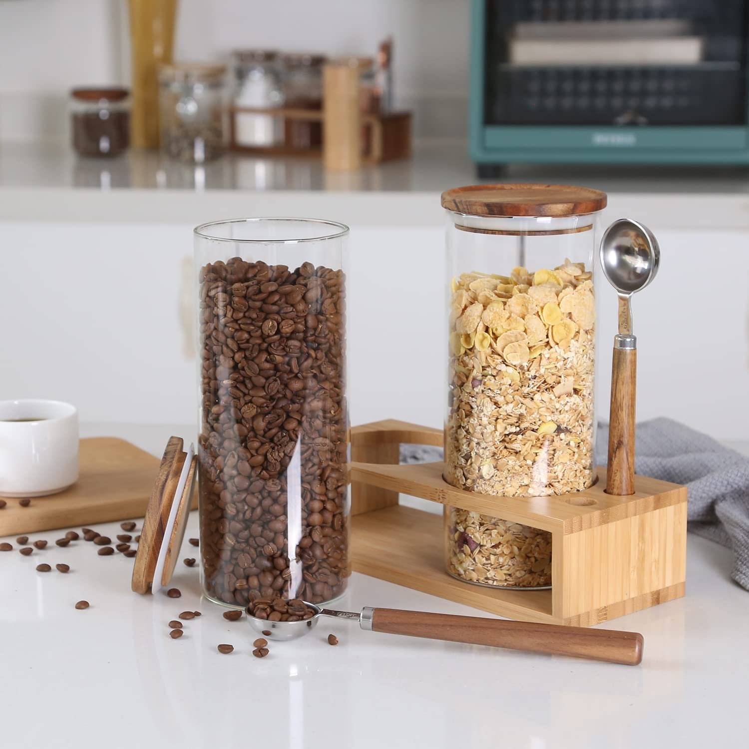 KKC HOME ACCENTS Clear Glass Food Storage Canisters with Airtight Wooden Lids and Scoops,Air Tight Sealed Glass Canisters with Spoons for Ground Coffee and Beans,Loose Tea,Flour,Sugar,47 Fl oz - Image 3