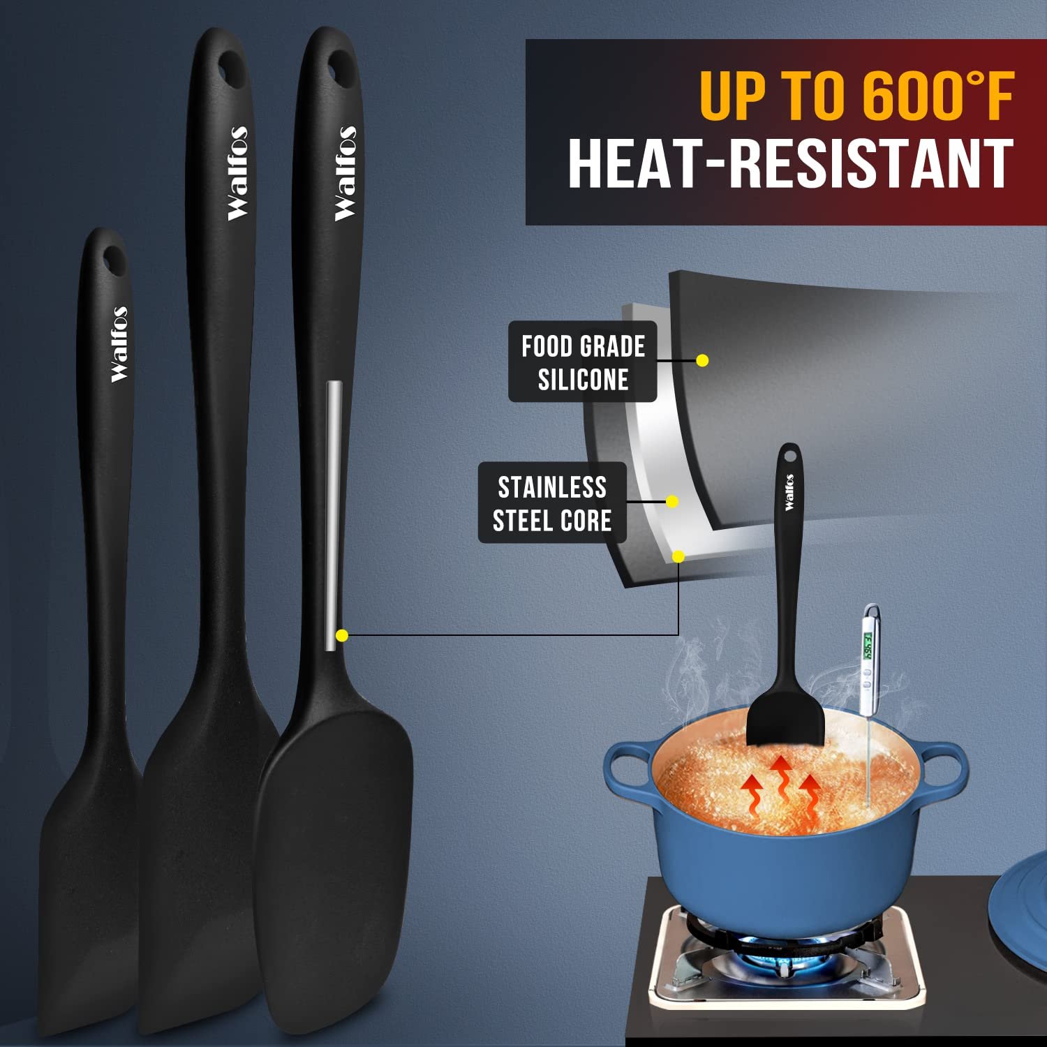 Walfos Silicone Spatula Set of 5 - (600°F) High Heat Resistant Kitchen Scraper Spatulas, One-Pieces Seamless Design, Perfect for Cooking Mixing & Baking - BPA Free and Dishwasher Safe,black - Image 7