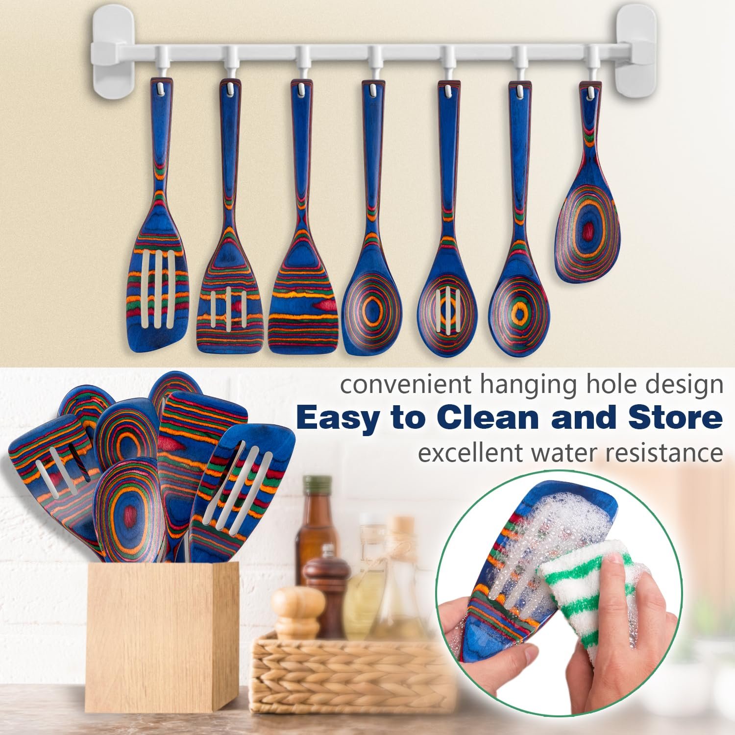 Wooden Spoons for Cooking, 7 Pcs Pakkawood Wooden Kitchen Cooking Spoon Utensil Tools Set Includes Spatula Corner Spoon Rice Paddle Friendly to Non-Stick Cookware by HOWHONG (Spectrum) - Image 6