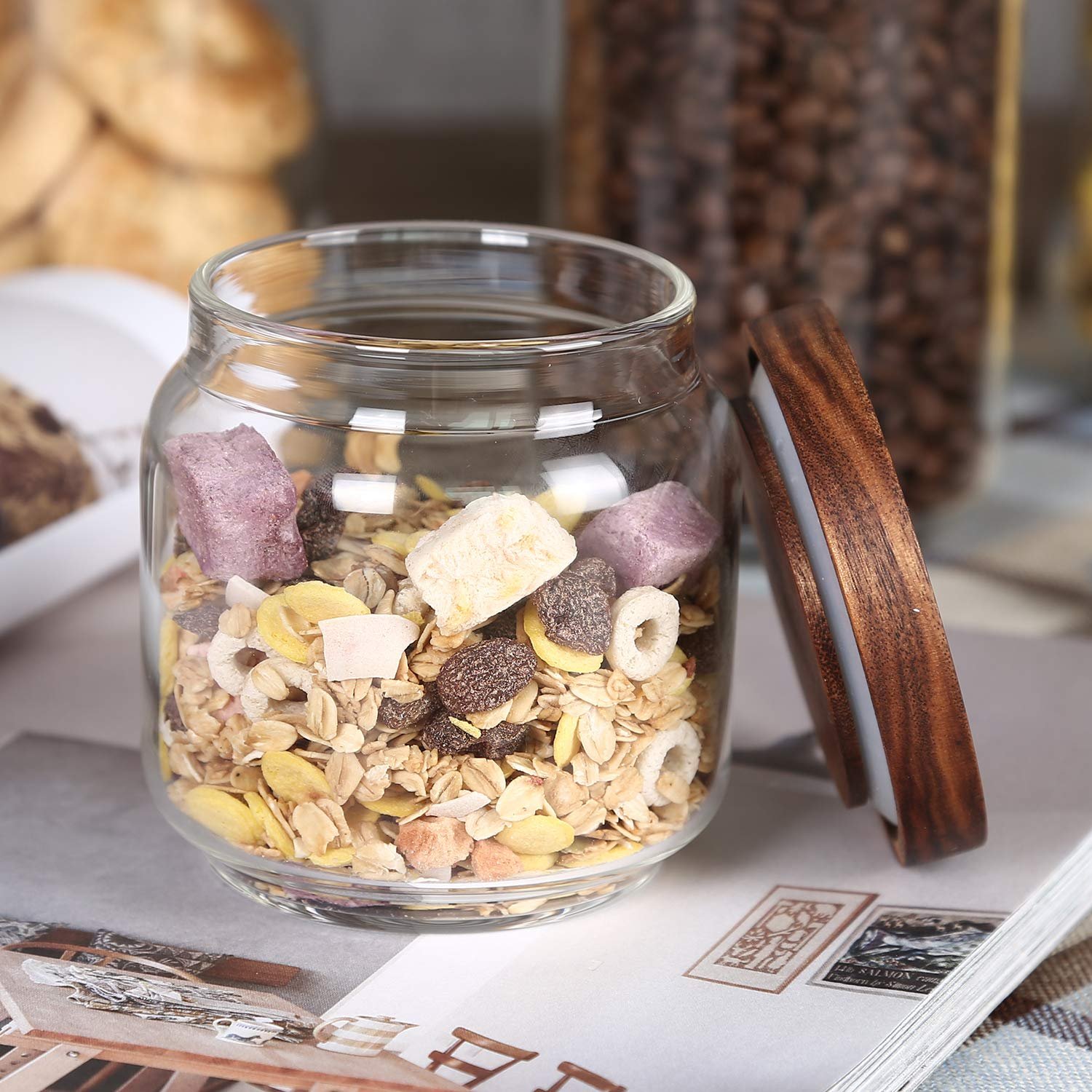 KKC HOME ACCENTS Clear Glass Food Storage Canisters with Airtight Wooden Lids for Coffee Beans,Ground Coffee,Loose Leaf Tea,Pack of 4 - Image 5