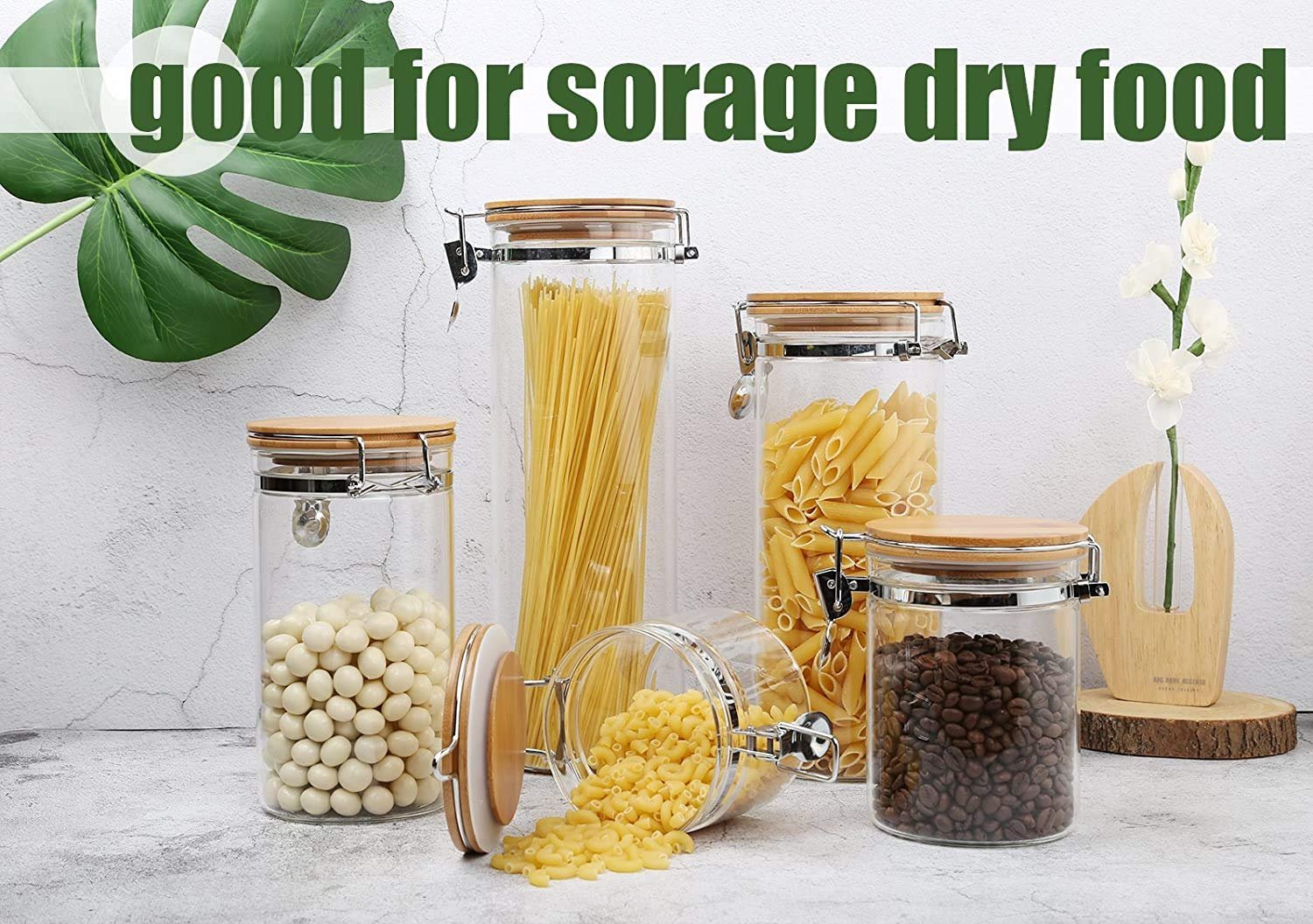 KKC HOME ACCENTS Tall Glass Pasta Storage Container with Hinged Lid,Glass Spaghetti Storage Jar Airtight Lid,Pasta Spaghetti Kitchen Cani ster Noodle Holder Container with Bamboo Ld - Image 3