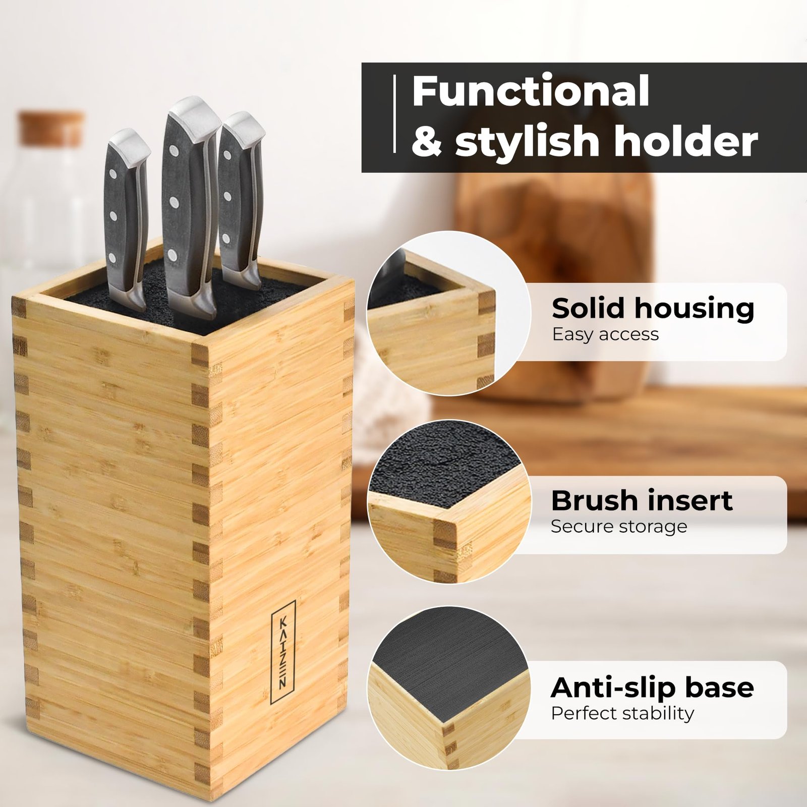 KAIZEN Bamboo Knife Block Without Knives - Perfectly Sized Universal Knife Holder for Knives, Scissors - Unique Knife Storage for Counter Top with Anti-Slip Base - Image 5