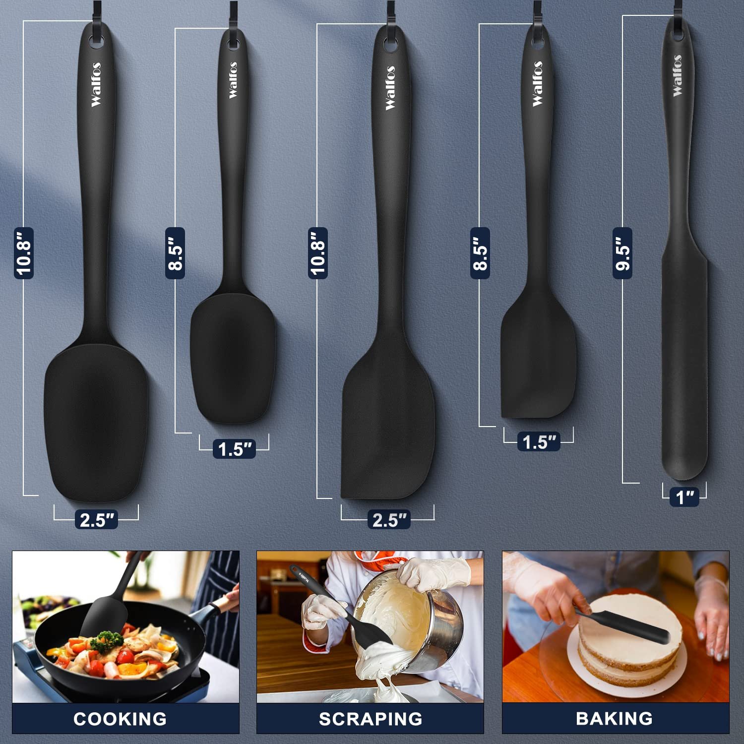 Walfos Silicone Spatula Set of 5 - (600°F) High Heat Resistant Kitchen Scraper Spatulas, One-Pieces Seamless Design, Perfect for Cooking Mixing & Baking - BPA Free and Dishwasher Safe,black - Image 5