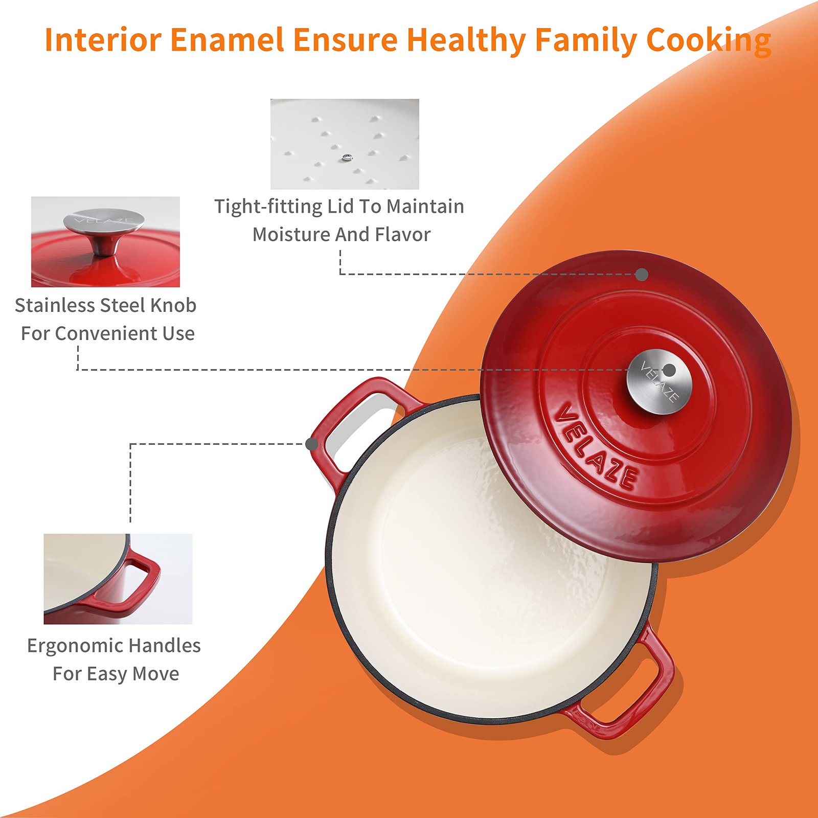 Velaze 6 QT Enameled Cast Iron Dutch Oven, Dual Handles Dutch Oven Pot with Lid,Heavy-Duty Non-stick Round Dutch Oven for Bread Baking, Stewing, Roasting, Good Sealing for All Heat Source (Red) - Image 7