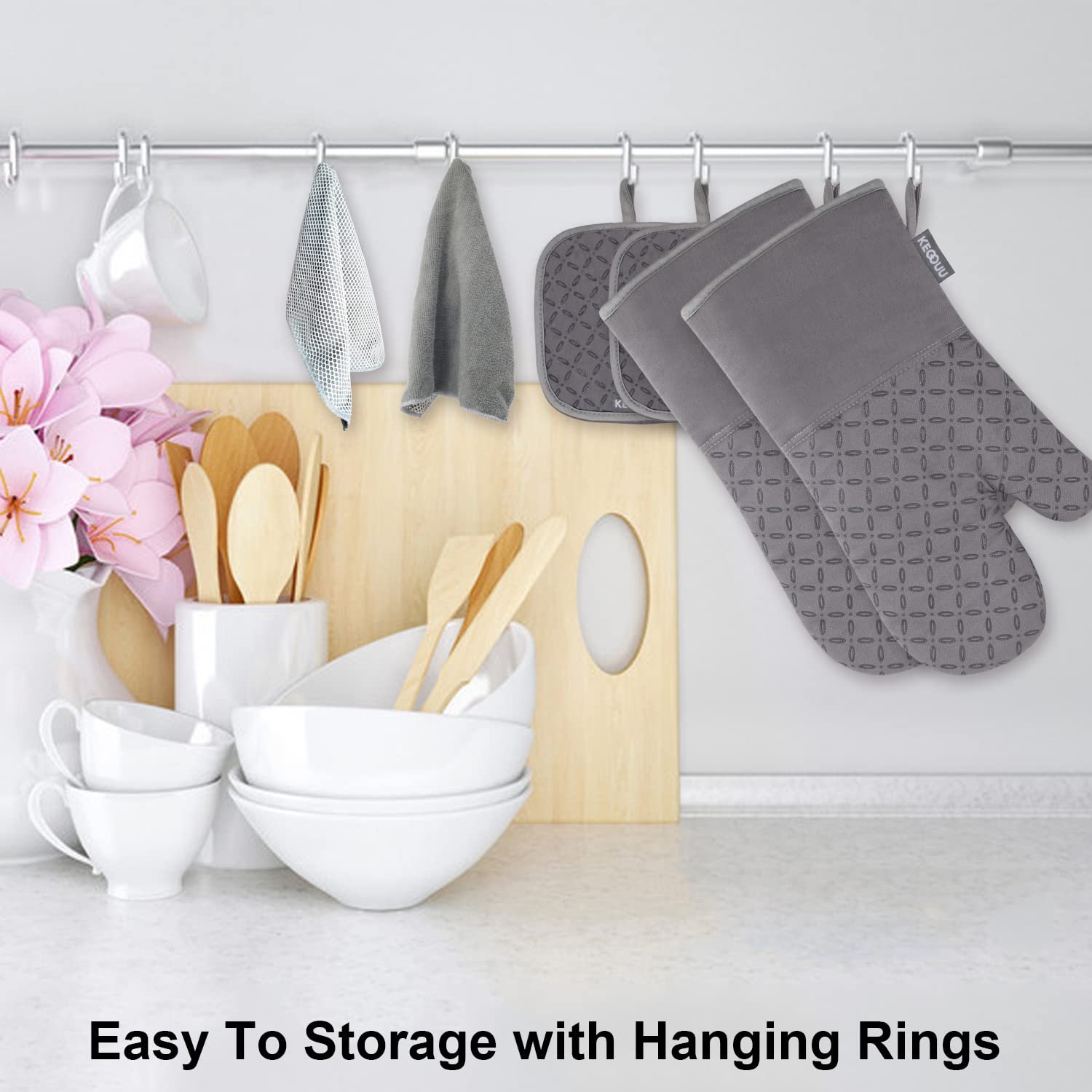 KEGOUU Oven Mitts and Pot Holders 6pcs Set, Kitchen Oven Glove High Heat Resistant 500 Degree Extra Long Oven Mitts and Potholder with Non-Slip Silicone Surface for Cooking (Grey) - Image 2