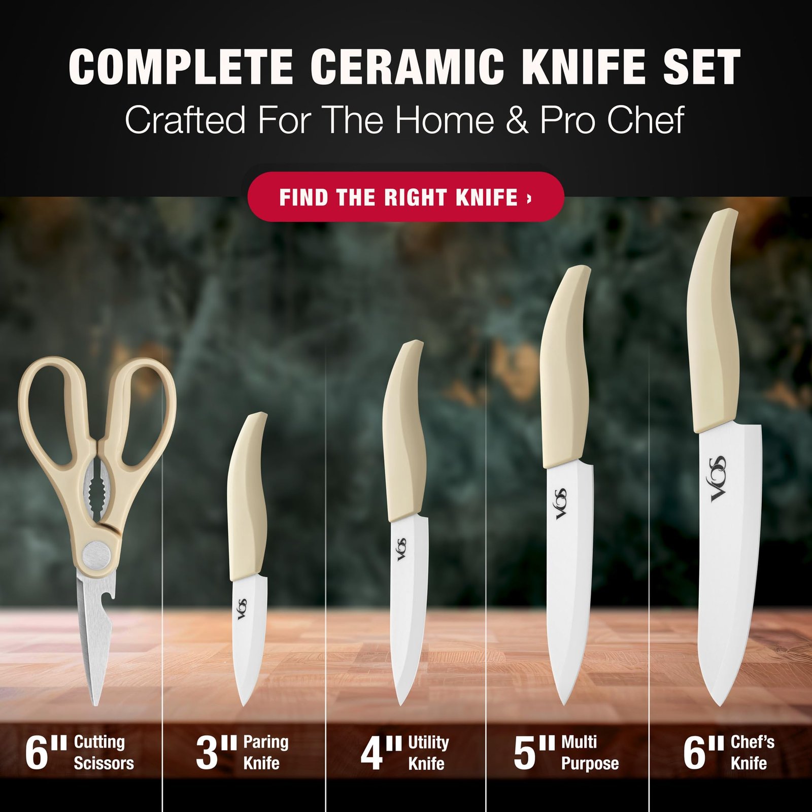 Vos Ceramic Knife Set – 4 Knives (3", 4", 5", 6") with Covers, Kitchen Scissors included | White Knives Set for Kitchen | Non-Stick Blades, Ergonomic Handles, For Cooking, Chopping & Peeling (Beige) - Image 8