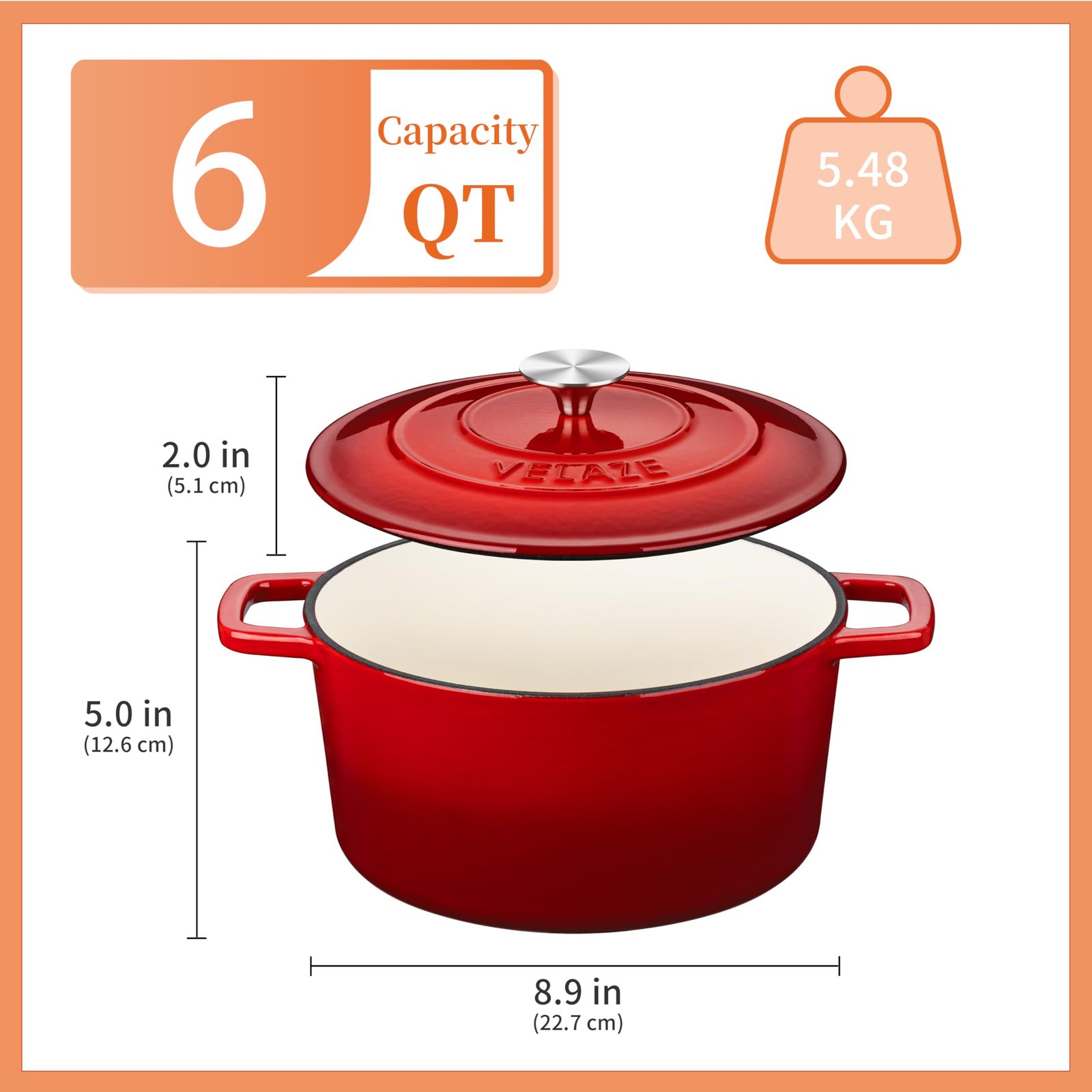 Velaze 6 QT Enameled Cast Iron Dutch Oven, Dual Handles Dutch Oven Pot with Lid,Heavy-Duty Non-stick Round Dutch Oven for Bread Baking, Stewing, Roasting, Good Sealing for All Heat Source (Red) - Image 4