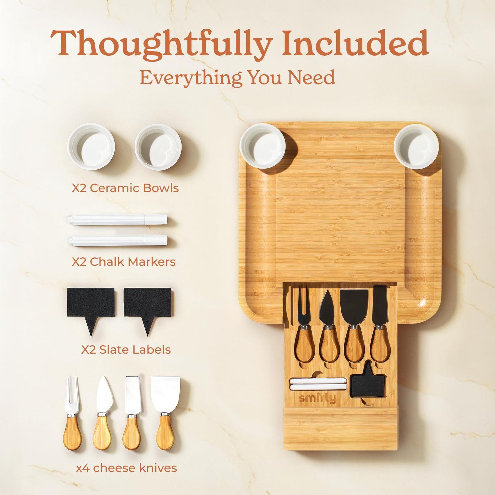 SMIRLY Charcuterie Board Set - Large Bamboo Cheese Board for Serving - House Warming Gifts New Home, Wedding & Bridal Shower Gift, Birthday Gift for Women - Image 8