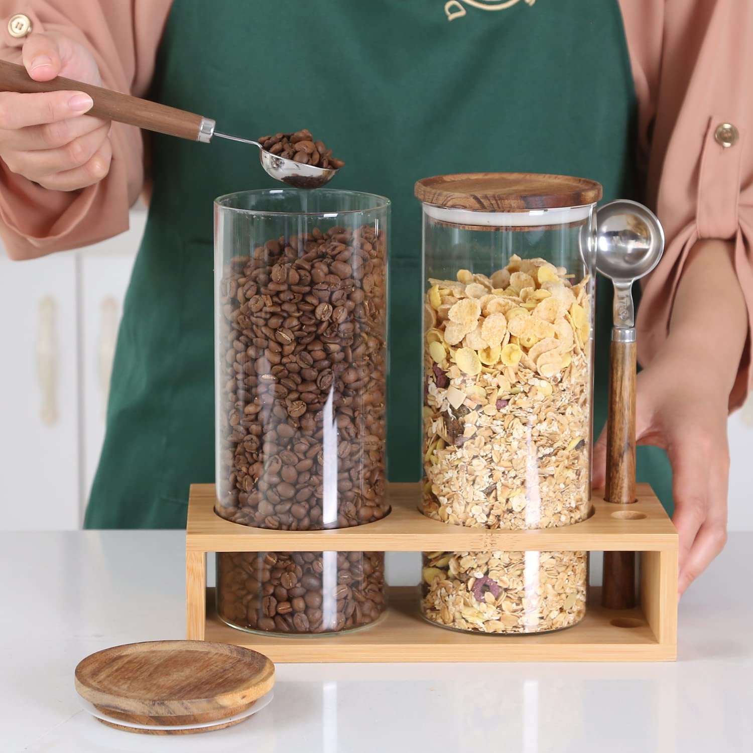 KKC HOME ACCENTS Clear Glass Food Storage Canisters with Airtight Wooden Lids and Scoops,Air Tight Sealed Glass Canisters with Spoons for Ground Coffee and Beans,Loose Tea,Flour,Sugar,47 Fl oz - Image 2