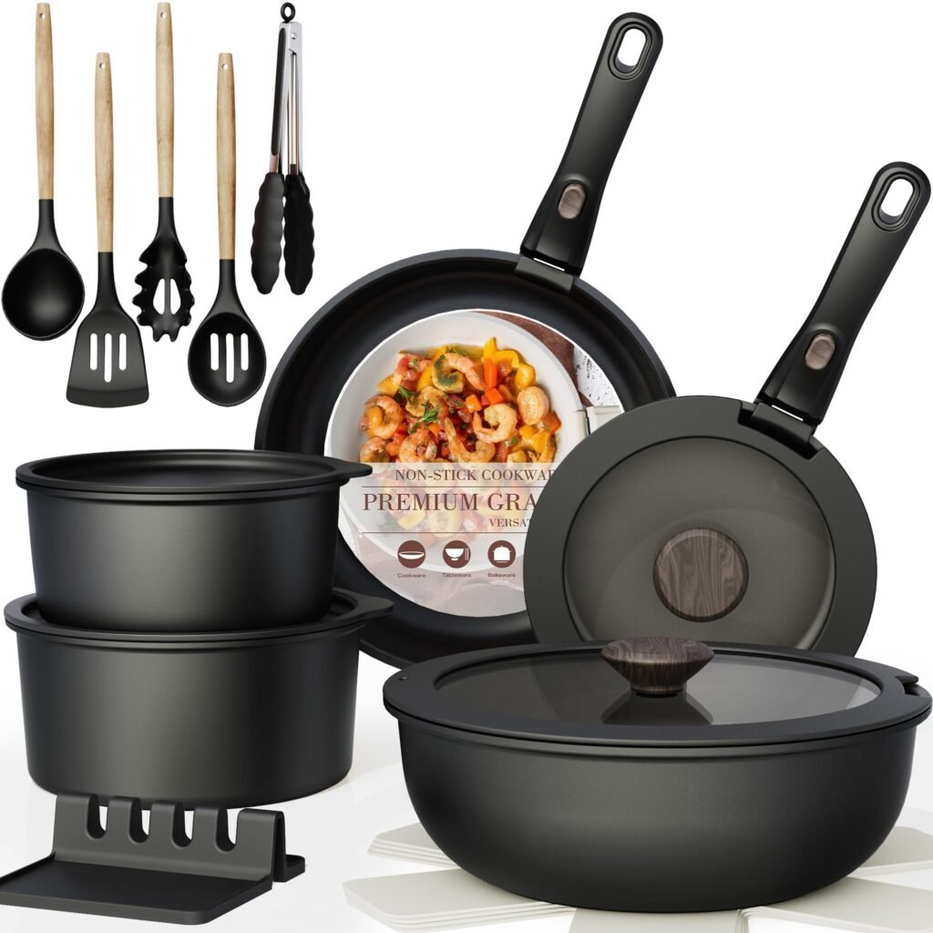 Astercook 21 Pcs Pots and Pans Set Non Stick, Ceramic Cookware Set Detachable Handle, RV Kitchen Cooking Set Removable Handles, Oven Safe, Induction Ready, Stackable Non-stick Set, Black
