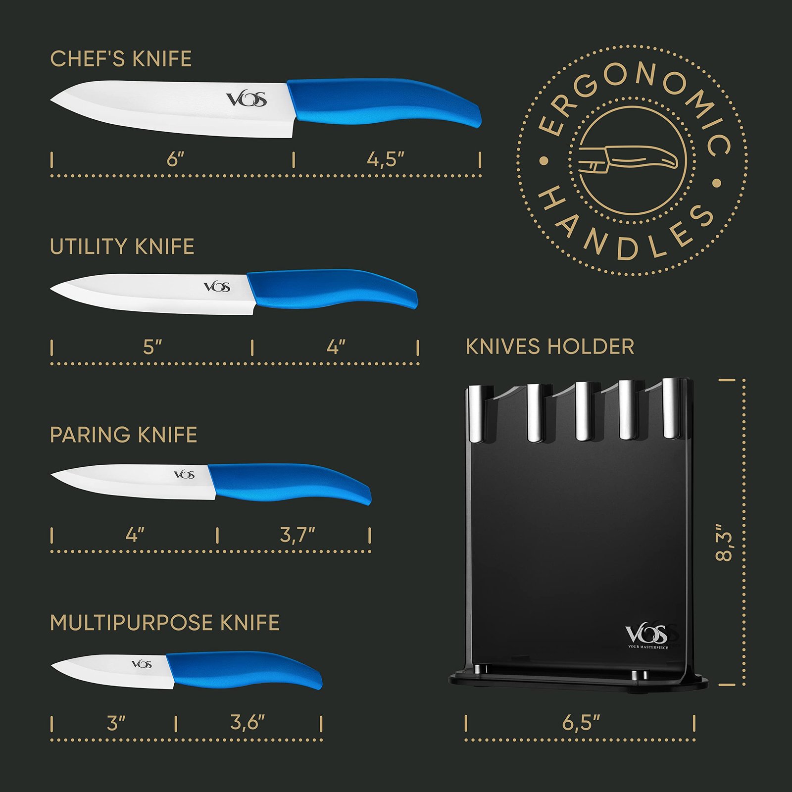 Vos Ceramic Knife Set with Block, Ceramic Knives Set For Kitchen, Ultra Sharp Kitchen Knife Set with Covers, 3" 4" 5" 6" Chef Knife, Utility, Paring & Versatile, Lightweight, Dishwasher safe (Blue) - Image 5