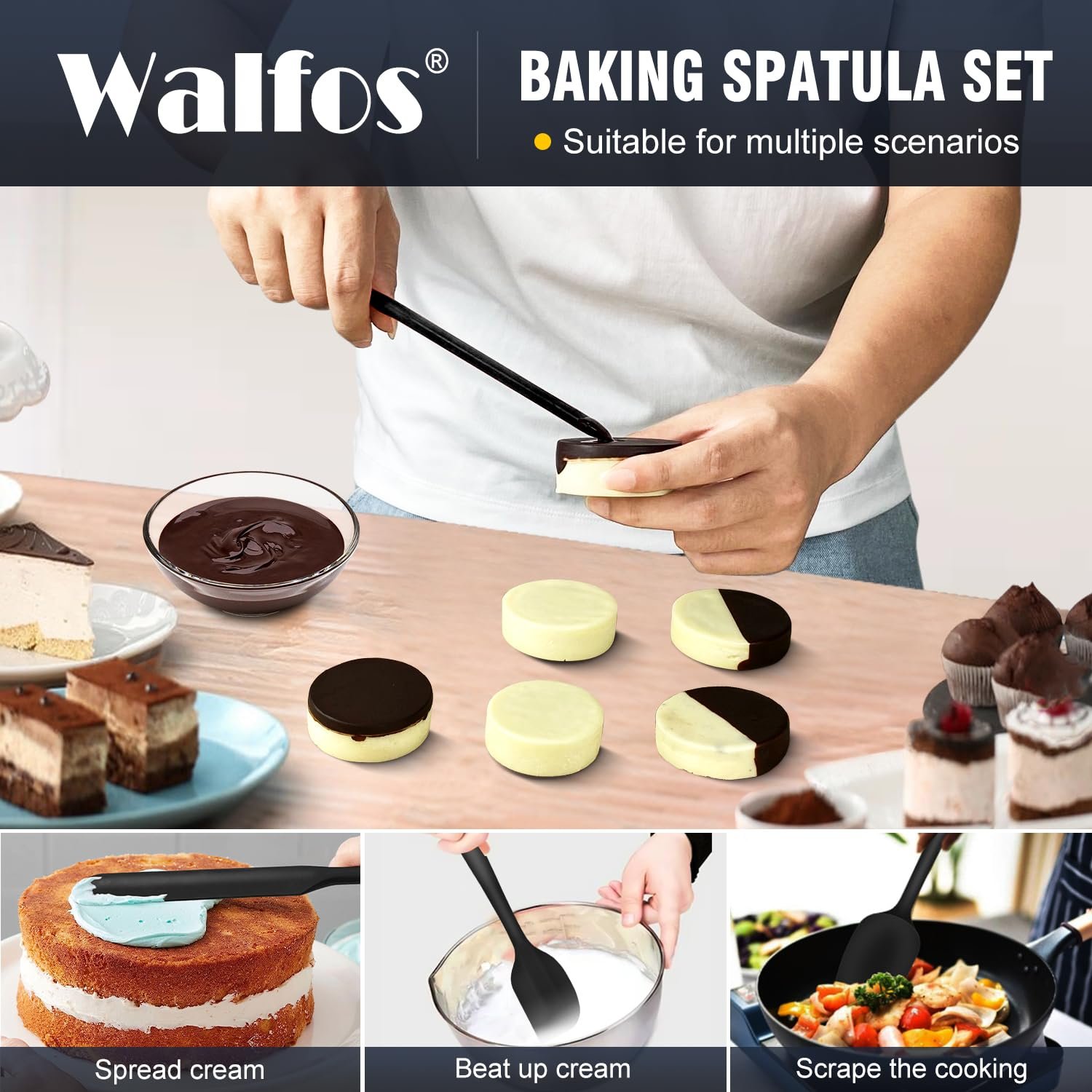 Walfos Silicone Spatula Set of 5 - (600°F) High Heat Resistant Kitchen Scraper Spatulas, One-Pieces Seamless Design, Perfect for Cooking Mixing & Baking - BPA Free and Dishwasher Safe,black - Image 6