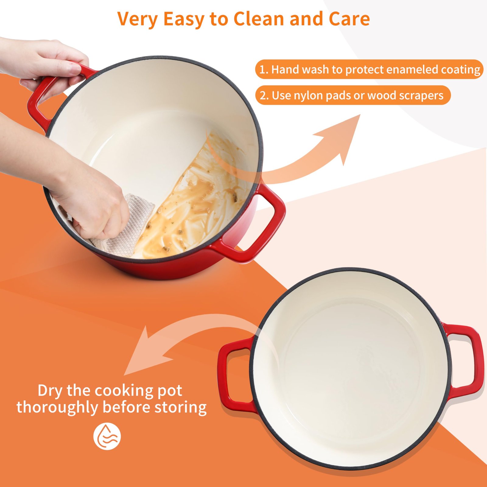 Velaze 6 QT Enameled Cast Iron Dutch Oven, Dual Handles Dutch Oven Pot with Lid,Heavy-Duty Non-stick Round Dutch Oven for Bread Baking, Stewing, Roasting, Good Sealing for All Heat Source (Red) - Image 6