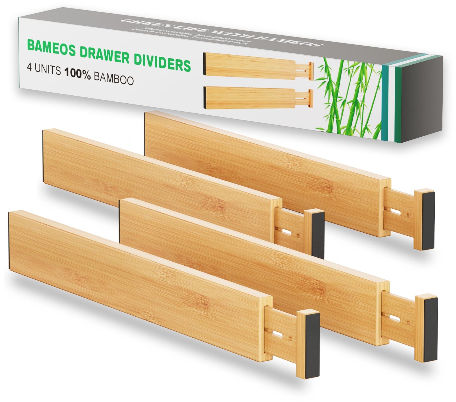 BAMEOS Drawer Dividers kitchen Organization Bamboo Utensil Organizers for Kitchen Bedroom Bathroom Dresser Office 4-pack