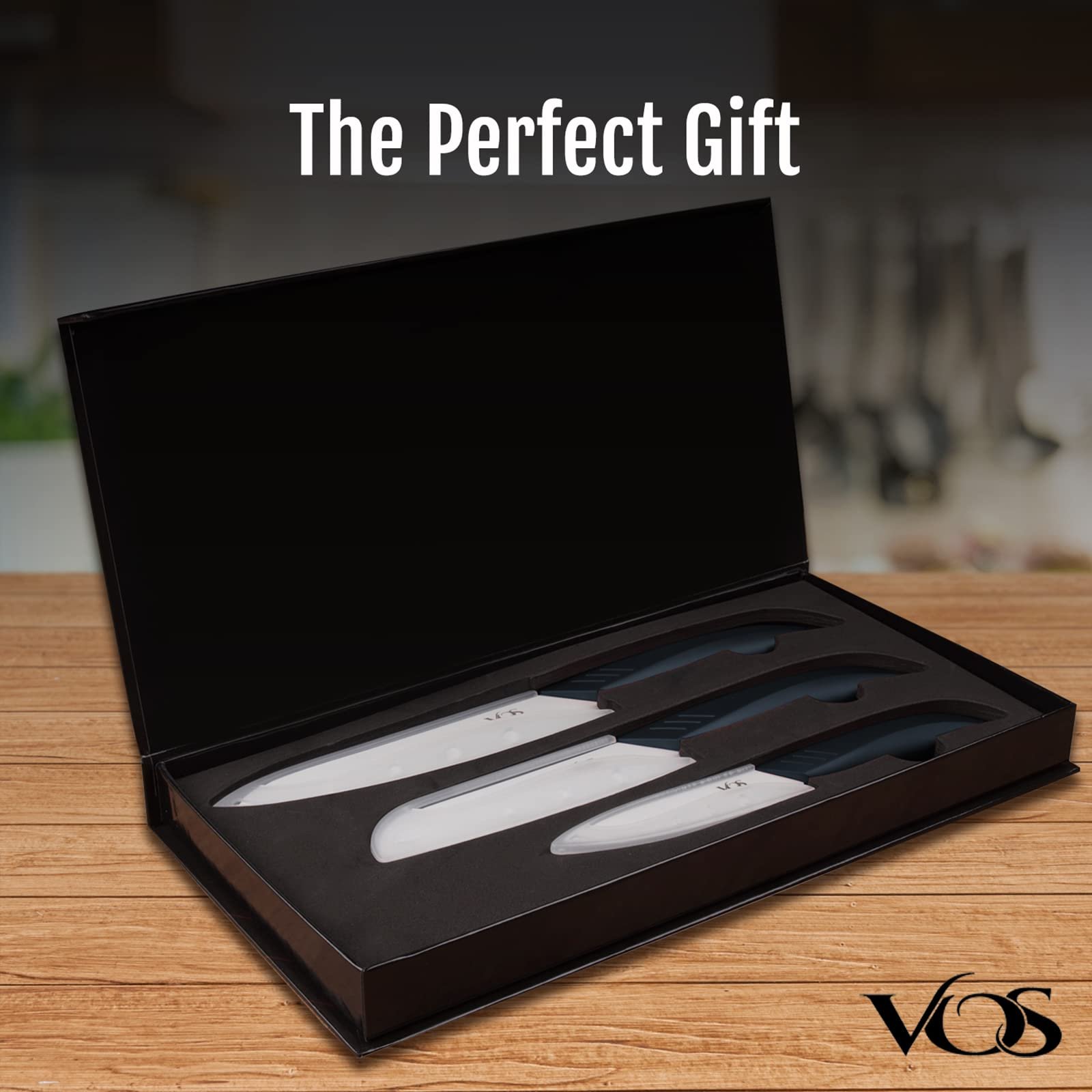 Vos Ceramic Knife Set in Elegant Gift Box, Ceramic Knives Set For Kitchen, Ultra Sharp Kitchen Knife Set with Covers, 4" 5" 6" Paring, Santoku & Chef Knife, Lightweight, Dishwasher safe (Black Handle) - Image 3