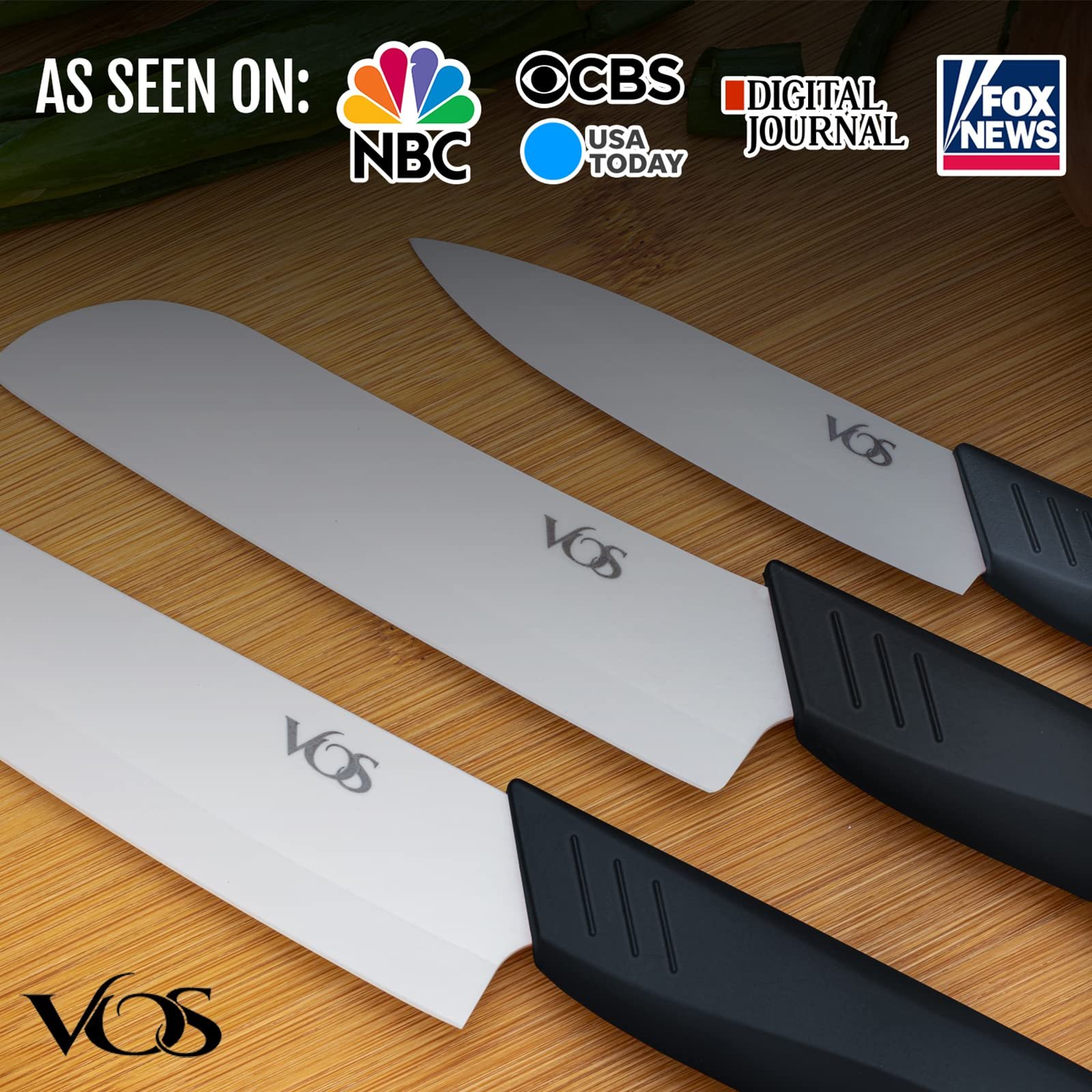 Vos Ceramic Knife Set in Elegant Gift Box, Ceramic Knives Set For Kitchen, Ultra Sharp Kitchen Knife Set with Covers, 4" 5" 6" Paring, Santoku & Chef Knife, Lightweight, Dishwasher safe (Black Handle) - Image 4