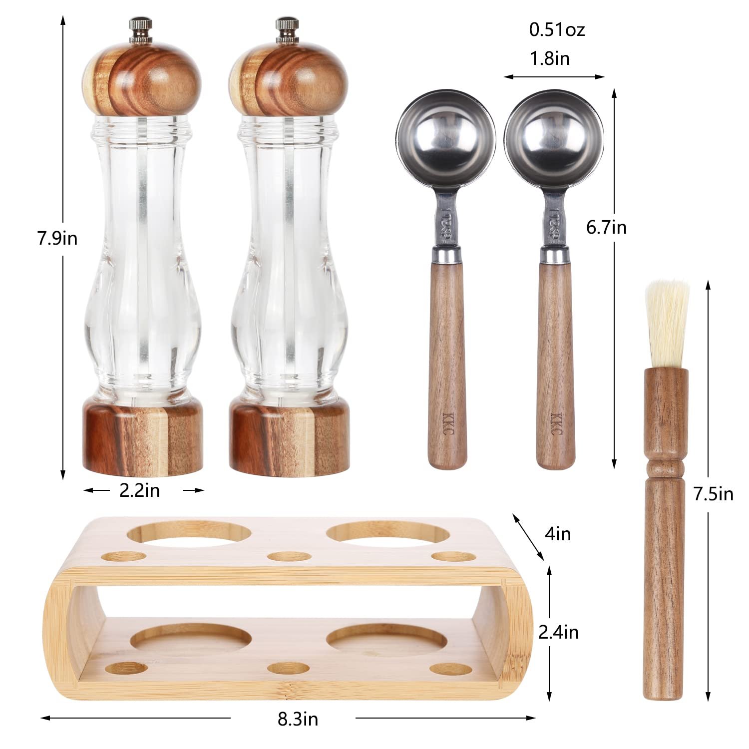 KKC HOME ACCENTS Wooden Salt and Pepper Grinder set with Spoons and Brush,Salt and Pepper Mill set,8 inch,Refillable Adjustable Coarseness Fine to Coarse - Image 6