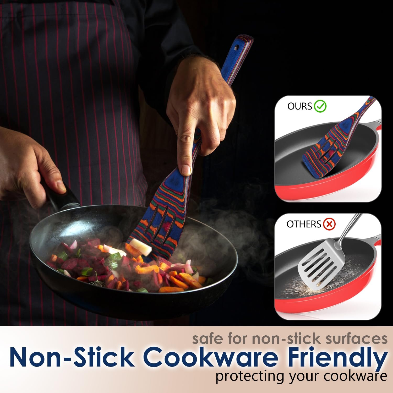 Wooden Spoons for Cooking, 7 Pcs Pakkawood Wooden Kitchen Cooking Spoon Utensil Tools Set Includes Spatula Corner Spoon Rice Paddle Friendly to Non-Stick Cookware by HOWHONG (Spectrum) - Image 5