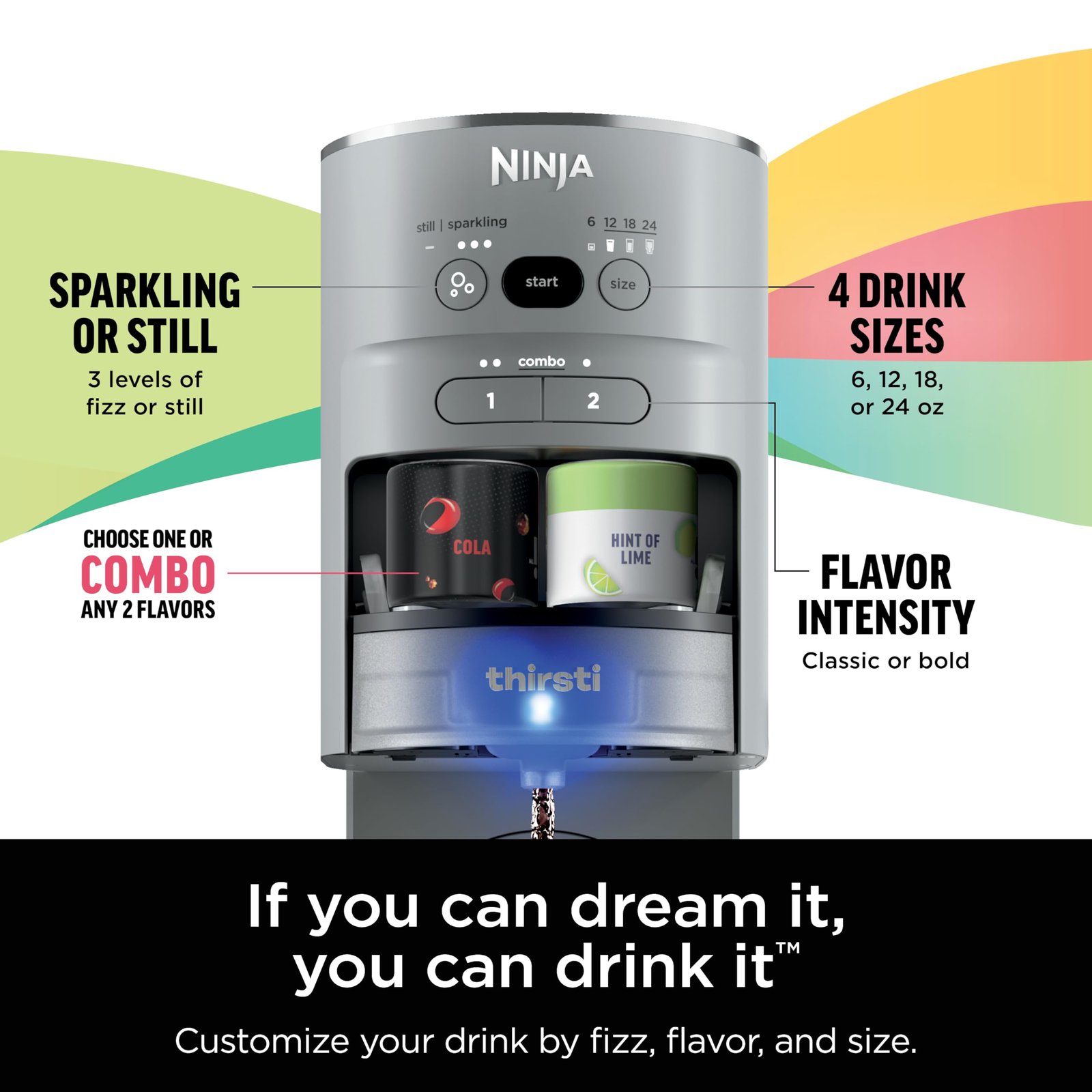 Ninja Thirsti Drink System, Soda Maker, Create Unique Sparkling & Still Drinks, Personalize Size & Flavor, Carbonated Water Machine, 60L CO2 Cylinder & Variety of Flavored Water Drops, Gray WC999AMZ - Image 8