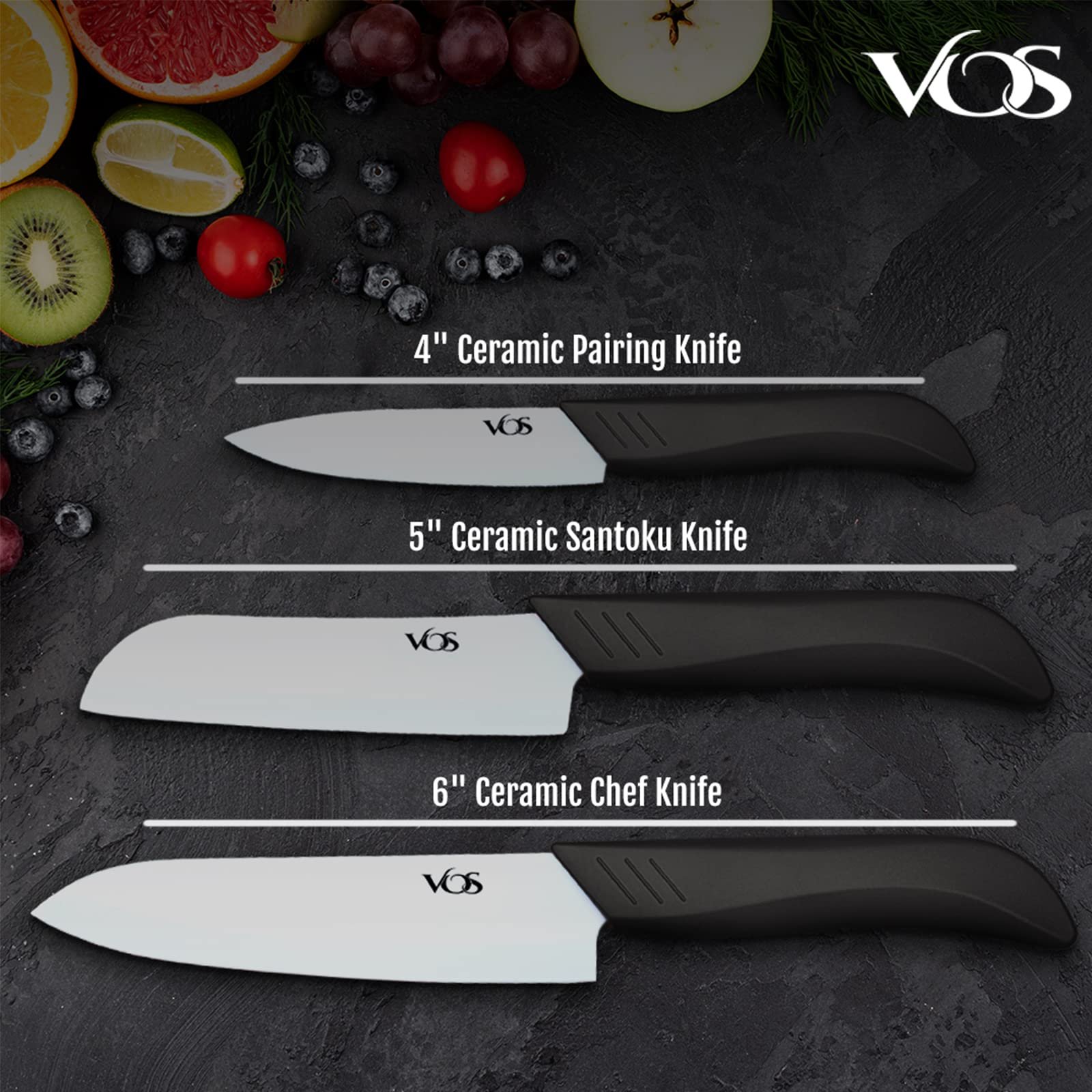 Vos Ceramic Knife Set in Elegant Gift Box, Ceramic Knives Set For Kitchen, Ultra Sharp Kitchen Knife Set with Covers, 4" 5" 6" Paring, Santoku & Chef Knife, Lightweight, Dishwasher safe (Black Handle) - Image 8