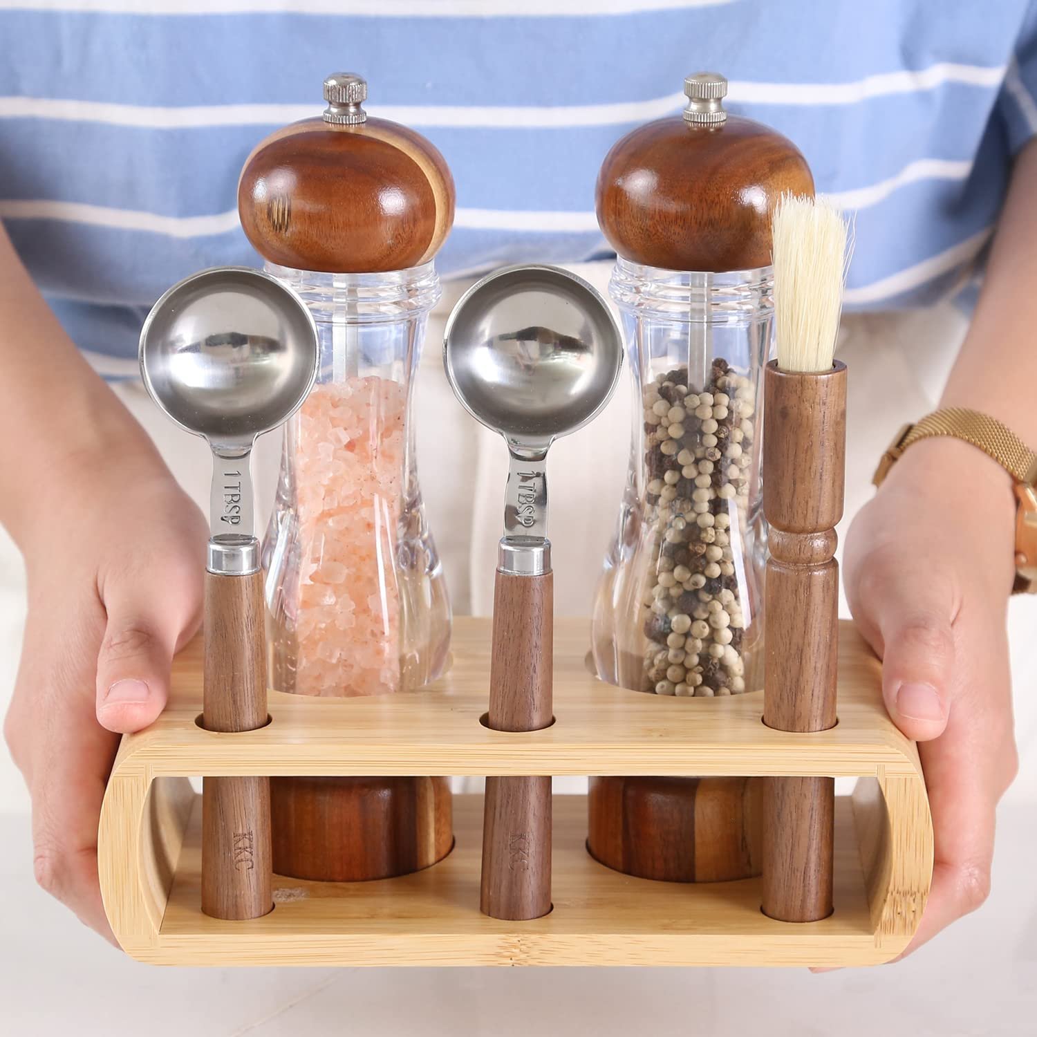 KKC HOME ACCENTS Wooden Salt and Pepper Grinder set with Spoons and Brush,Salt and Pepper Mill set,8 inch,Refillable Adjustable Coarseness Fine to Coarse - Image 7