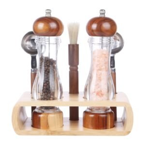 KKC HOME ACCENTS Wooden Salt and Pepper Grinder set with Spoons and Brush,Salt and Pepper Mill set,8 inch,Refillable Adjustable Coarseness Fine to Coarse