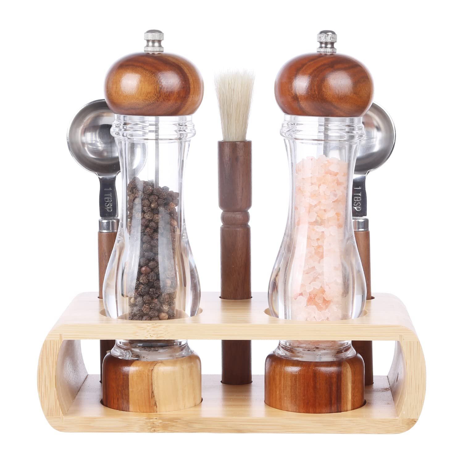 KKC HOME ACCENTS Wooden Salt and Pepper Grinder set with Spoons and Brush,Salt and Pepper Mill set,8 inch,Refillable Adjustable Coarseness Fine to Coarse