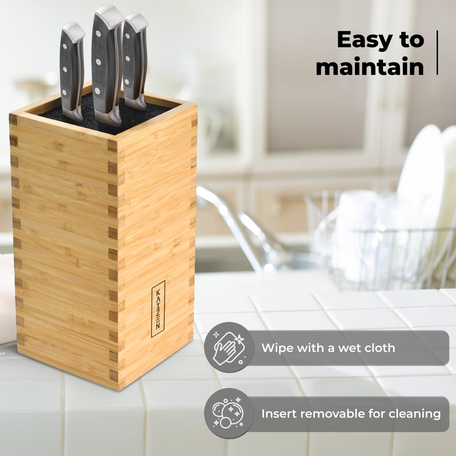 KAIZEN Bamboo Knife Block Without Knives - Perfectly Sized Universal Knife Holder for Knives, Scissors - Unique Knife Storage for Counter Top with Anti-Slip Base - Image 2