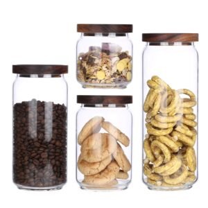 KKC HOME ACCENTS Clear Glass Food Storage Canisters with Airtight Wooden Lids for Coffee Beans,Ground Coffee,Loose Leaf Tea,Pack of 4