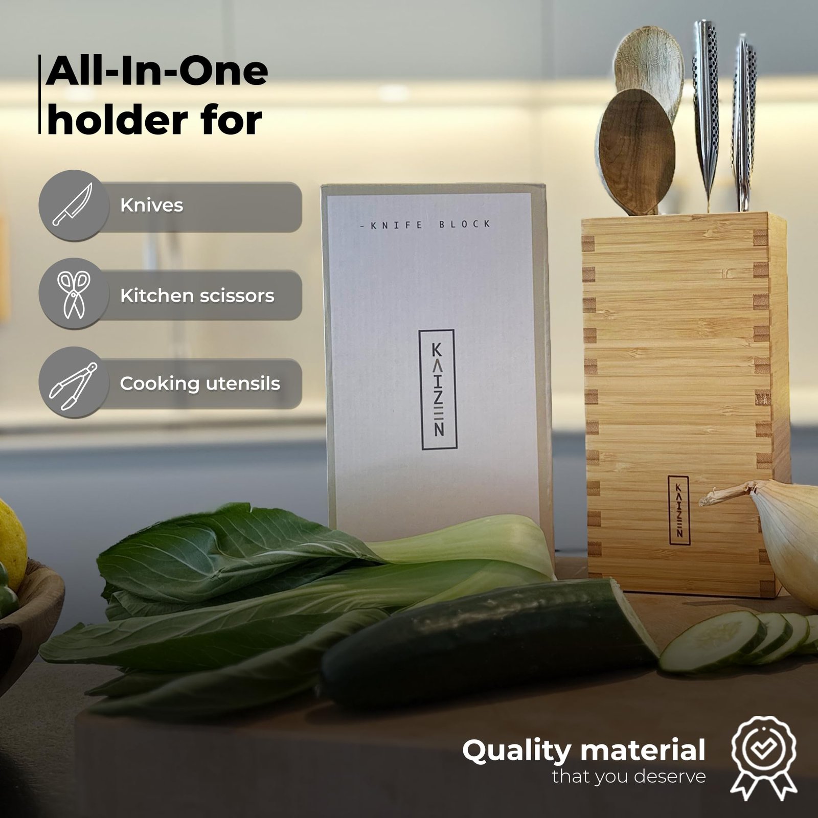 KAIZEN Bamboo Knife Block Without Knives - Perfectly Sized Universal Knife Holder for Knives, Scissors - Unique Knife Storage for Counter Top with Anti-Slip Base - Image 3