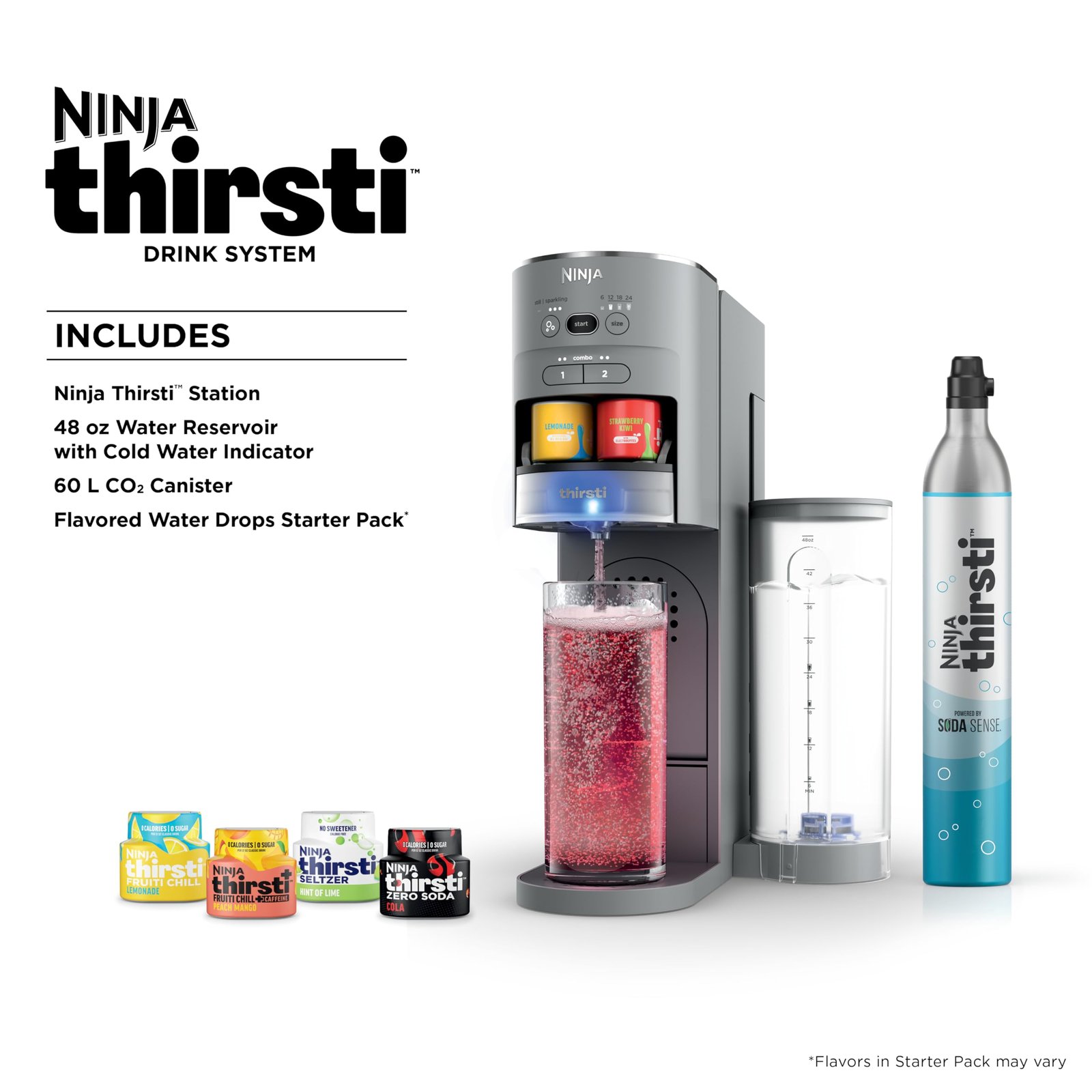 Ninja Thirsti Drink System, Soda Maker, Create Unique Sparkling & Still Drinks, Personalize Size & Flavor, Carbonated Water Machine, 60L CO2 Cylinder & Variety of Flavored Water Drops, Gray WC999AMZ - Image 3