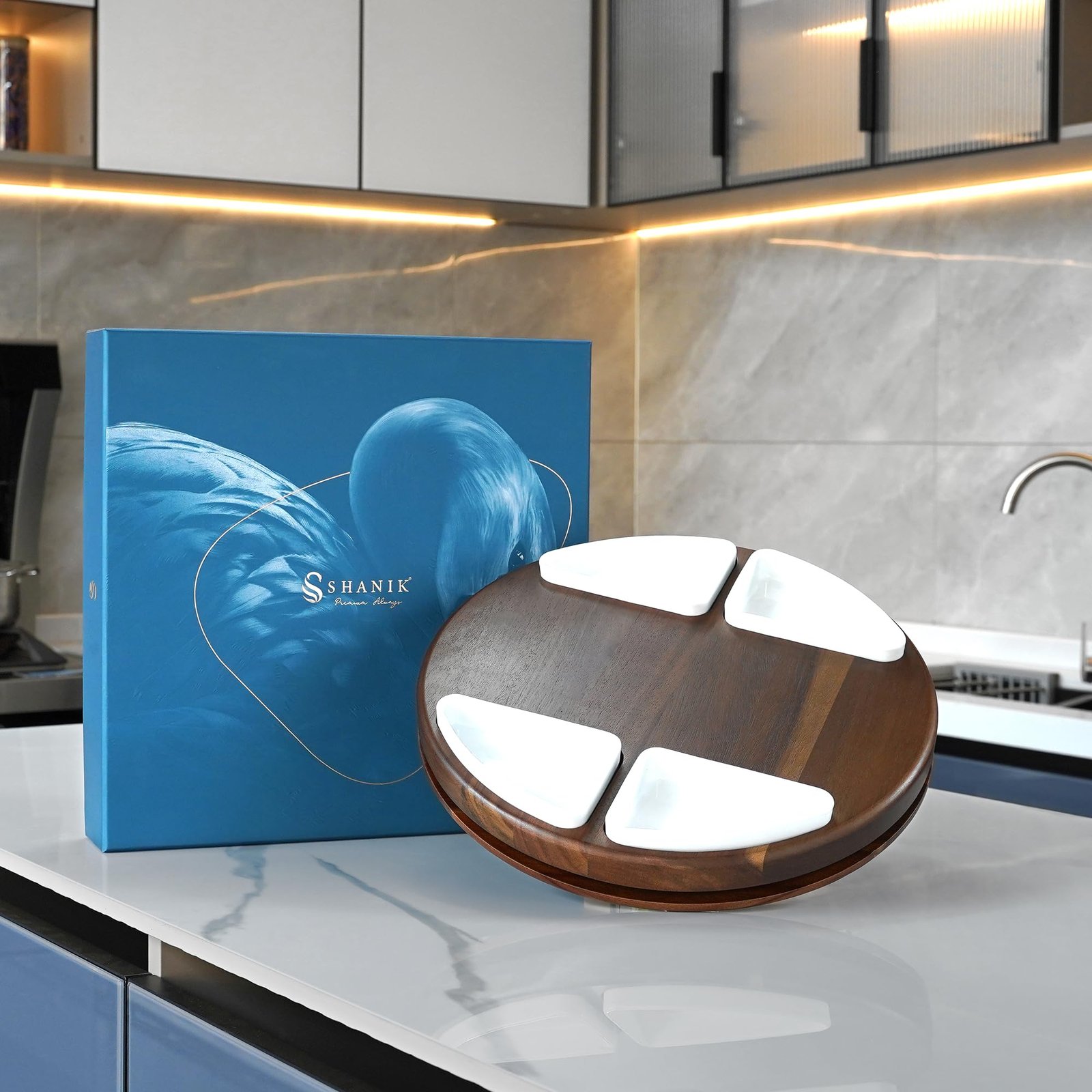 Shanik Upgraded Lazy Susan Cheese Cutting Board Set - Round Acacia Charcuterie Board With 4 Ceramic Bowls - Wedding Gifts - Cheese Serving Platter - Bridal Shower - Image 9