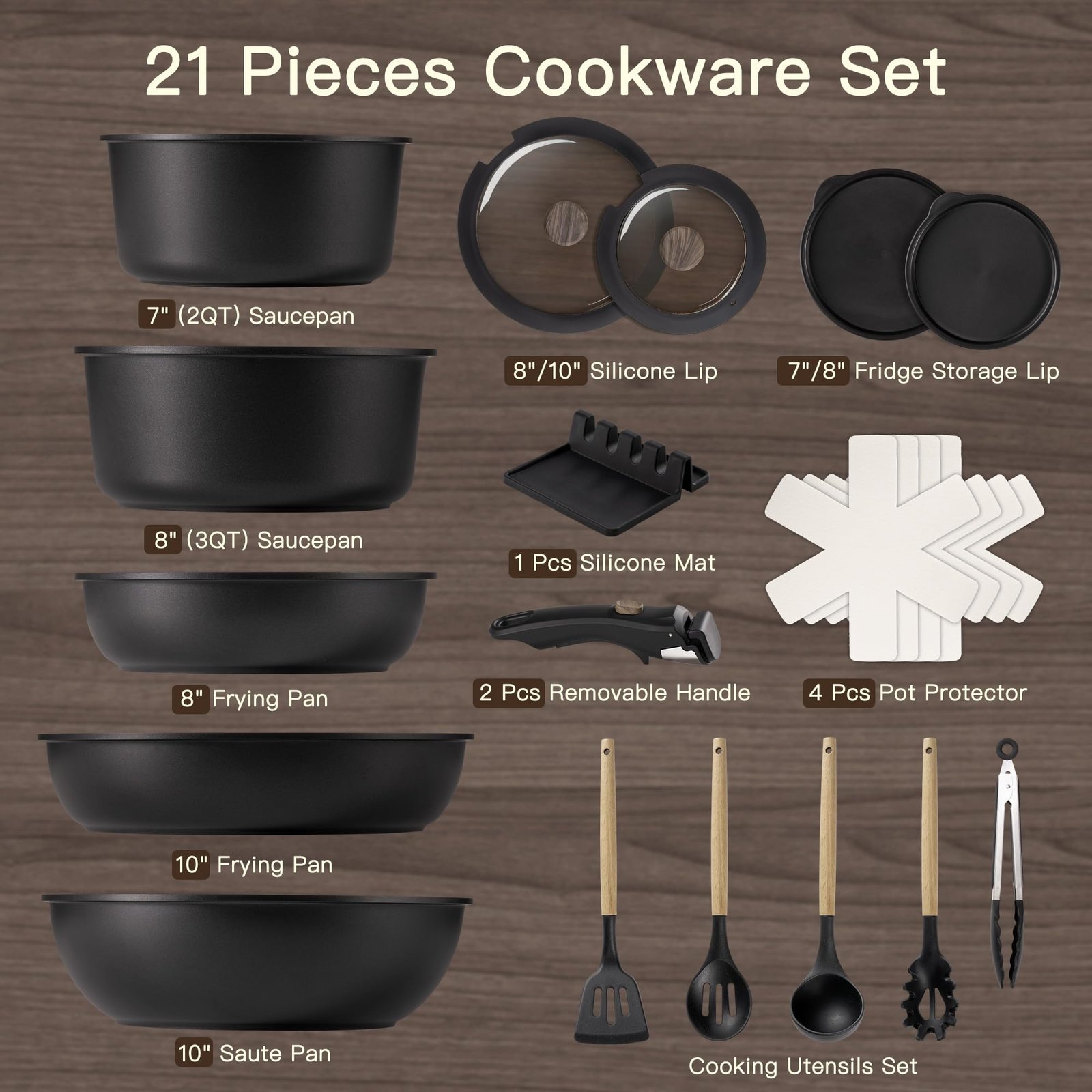 Astercook 21 Pcs Pots and Pans Set Non Stick, Ceramic Cookware Set Detachable Handle, RV Kitchen Cooking Set Removable Handles, Oven Safe, Induction Ready, Stackable Non-stick Set, Black - Image 2
