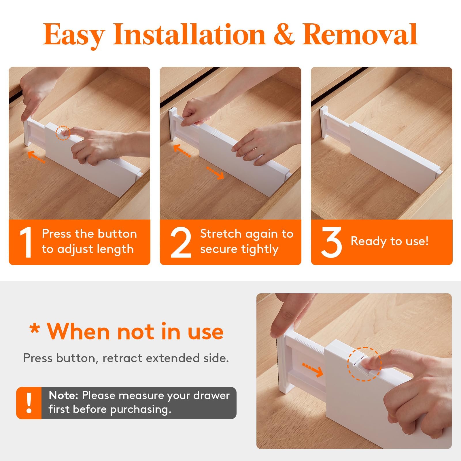 Lifewit 5 Pack Drawer Dividers 4" High, 11-17" Adjustable Dresser Drawer Organizers for Clothes, Expandable Dresser Separators in Bedroom/Bathroom/Kitchen/Vanity/Office Organization and Storage, White - Image 8