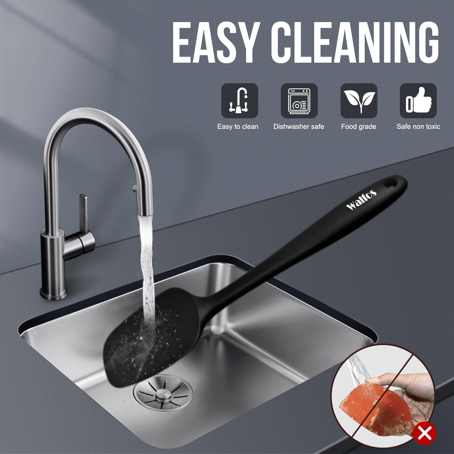 Walfos Silicone Spatula Set of 5 - (600°F) High Heat Resistant Kitchen Scraper Spatulas, One-Pieces Seamless Design, Perfect for Cooking Mixing & Baking - BPA Free and Dishwasher Safe,black - Image 2