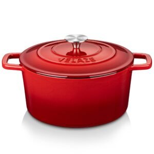 Velaze 6 QT Enameled Cast Iron Dutch Oven, Dual Handles Dutch Oven Pot with Lid,Heavy-Duty Non-stick Round Dutch Oven for Bread Baking, Stewing, Roasting, Good Sealing for All Heat Source (Red)